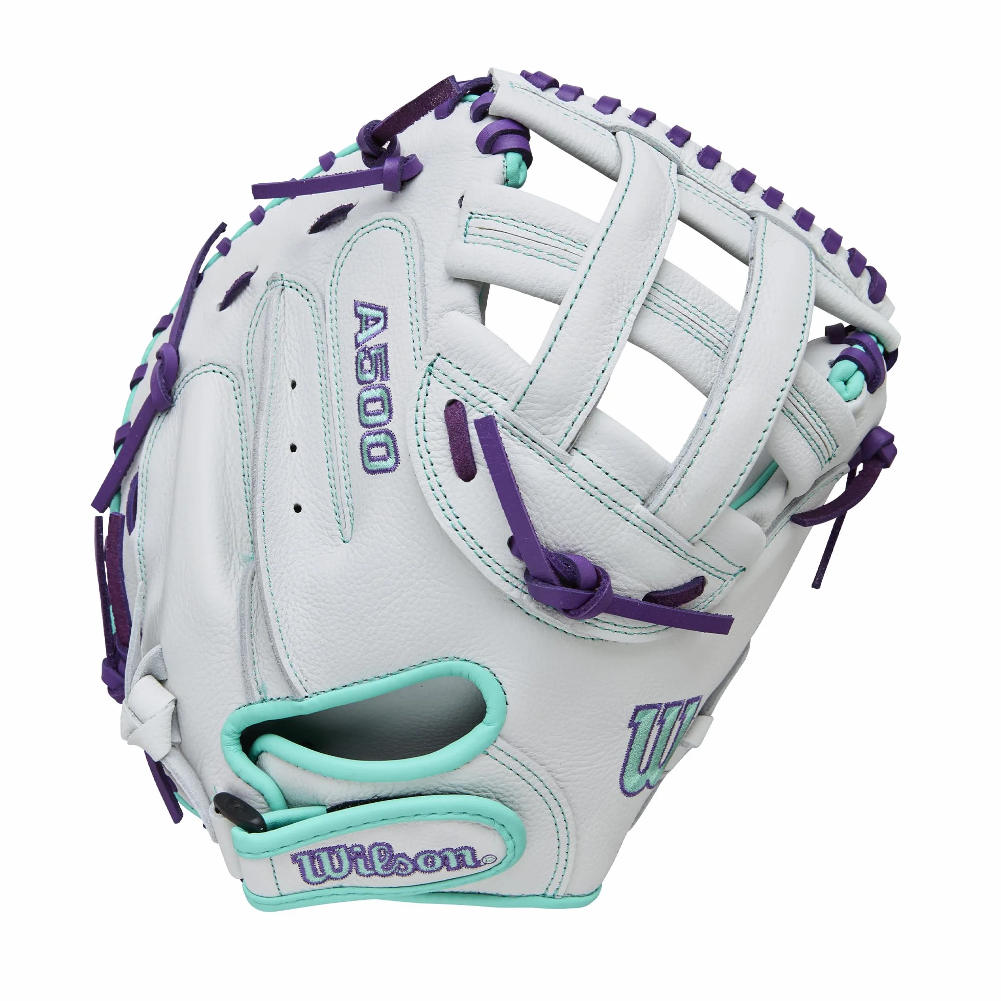 Wilson Manopla para receptores de sóftbol de lanzamiento rápido A500 de 32 pulgadas, para lanzar a la derecha, blanco/espuma de mar/morado