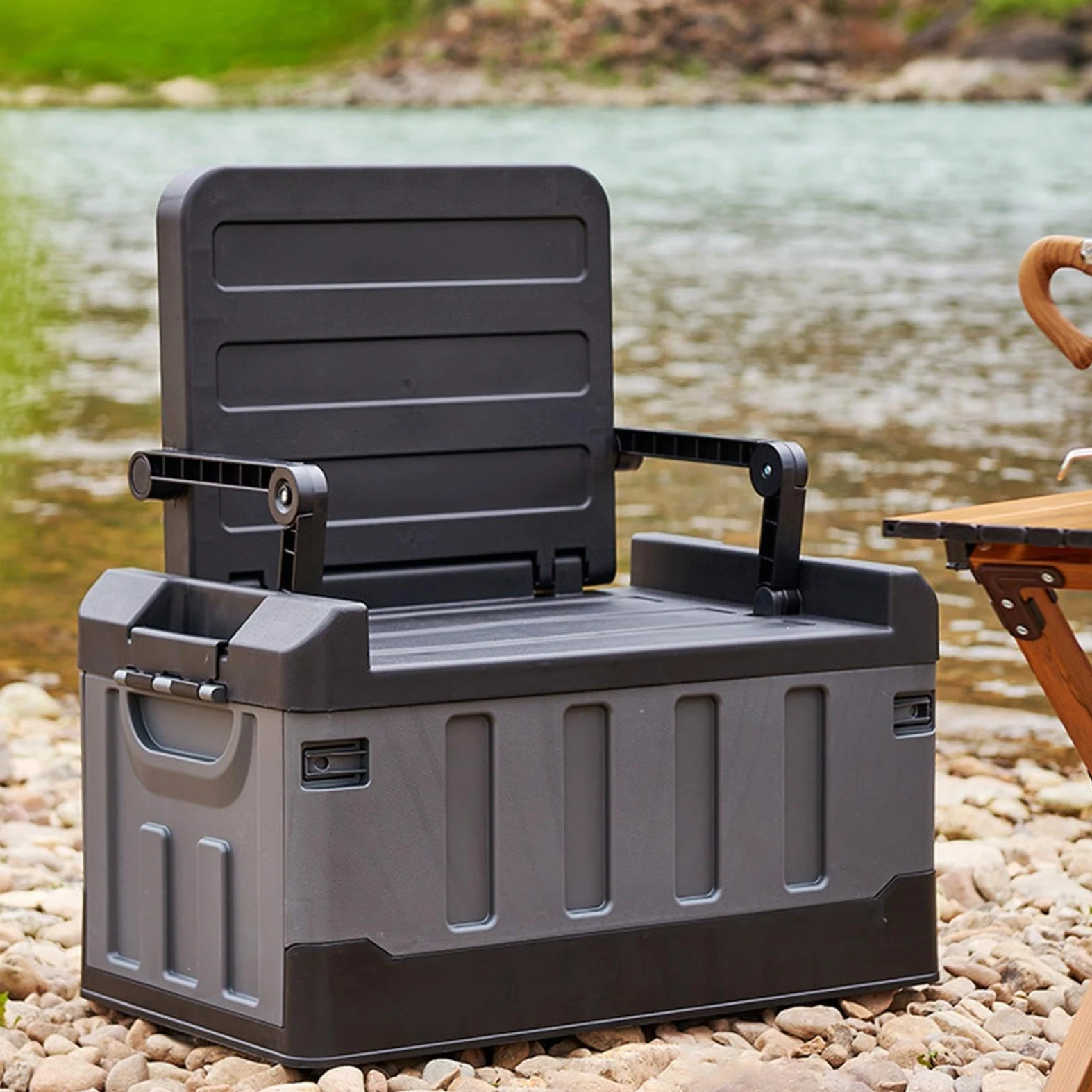Caja de aparejos de pesca para coche, asiento plegable 3 en 1 y bandejas de almacenamiento de doble capa, organizador de almacenamiento de gran capacidad para equipo, herramientas y accesorios