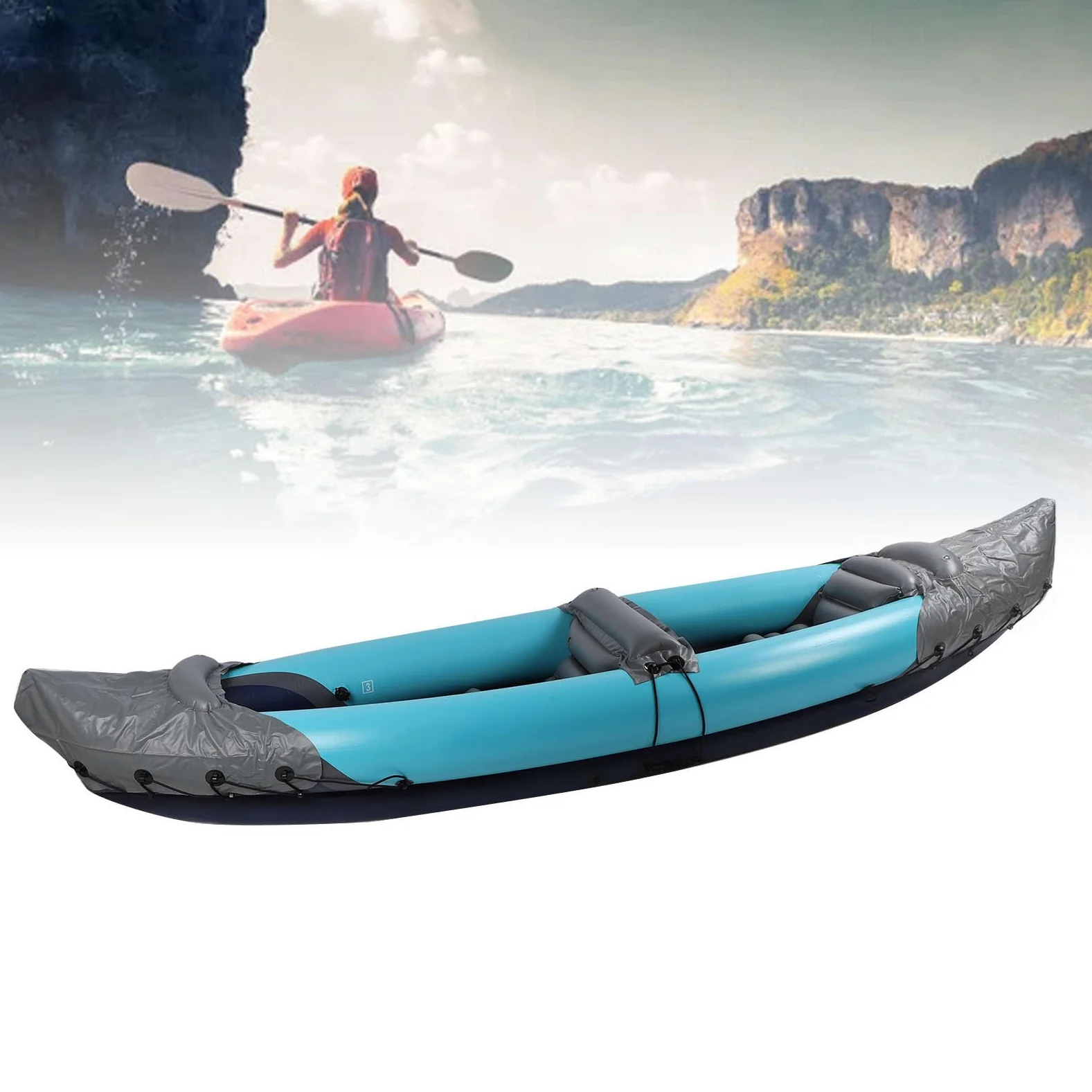 Kayak Plegable para 2 Personas, Canoa Inflable portátil con protección Solar, PVC Grueso, para Pesca, Rafting, canotaje