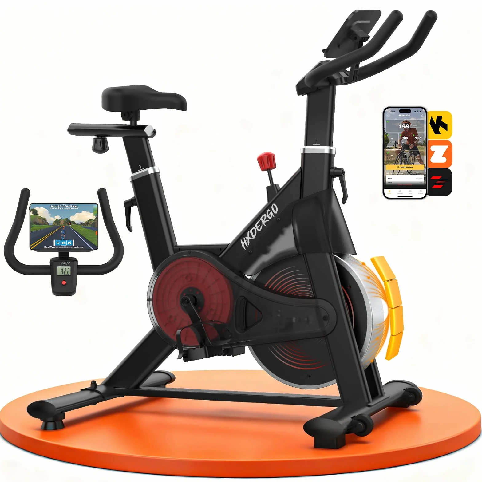 HXD-ERGO Bicicleta Estática en Casa con Resistencia Ajustable, Bicicleta Estatica Silenciosa con Monitor LCD, Cómodo Cojín de Asiento, App Propia, Capacidad de 160 kg, Entrenamiento Aeróbico