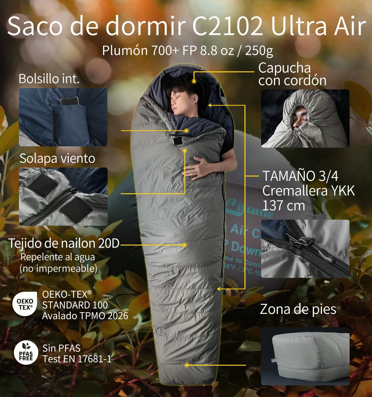 Litume Saco de Dormir Ultraligero y Compacto para Verano y 3 Estaciones, con 700+ Fill Power de Plumas, Saco Mumiiforme Portátil para Senderismo, Viajes, Camping y Mochilear Adultos montañismo