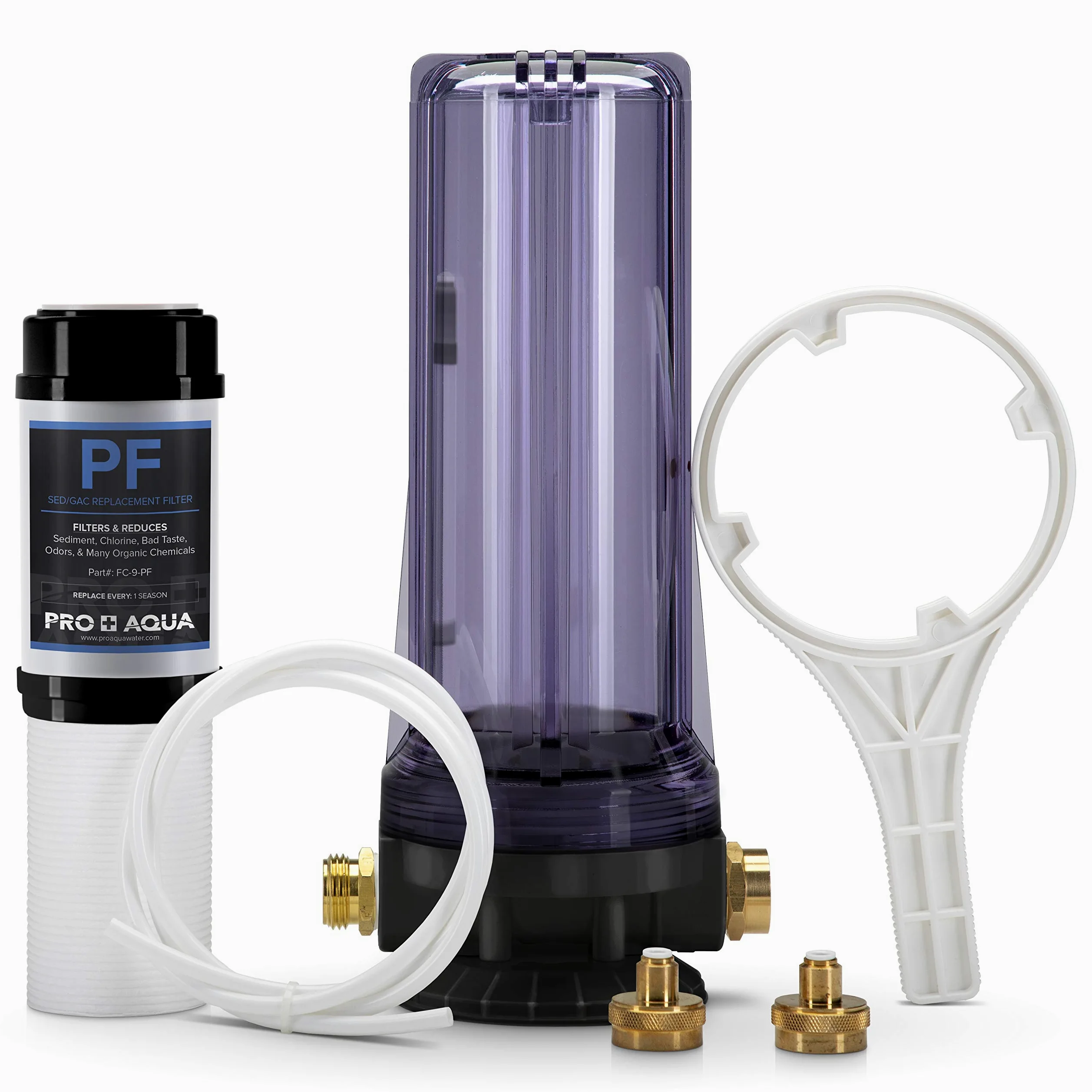 PRO+AQUA Kit de regeneración/filtración de 2 etapas para ablandadores de agua portátiles, elimina cloro, mal sabor, olores, sedimentos, bacterias, ajuste universal, sistema de protección, 5 micras