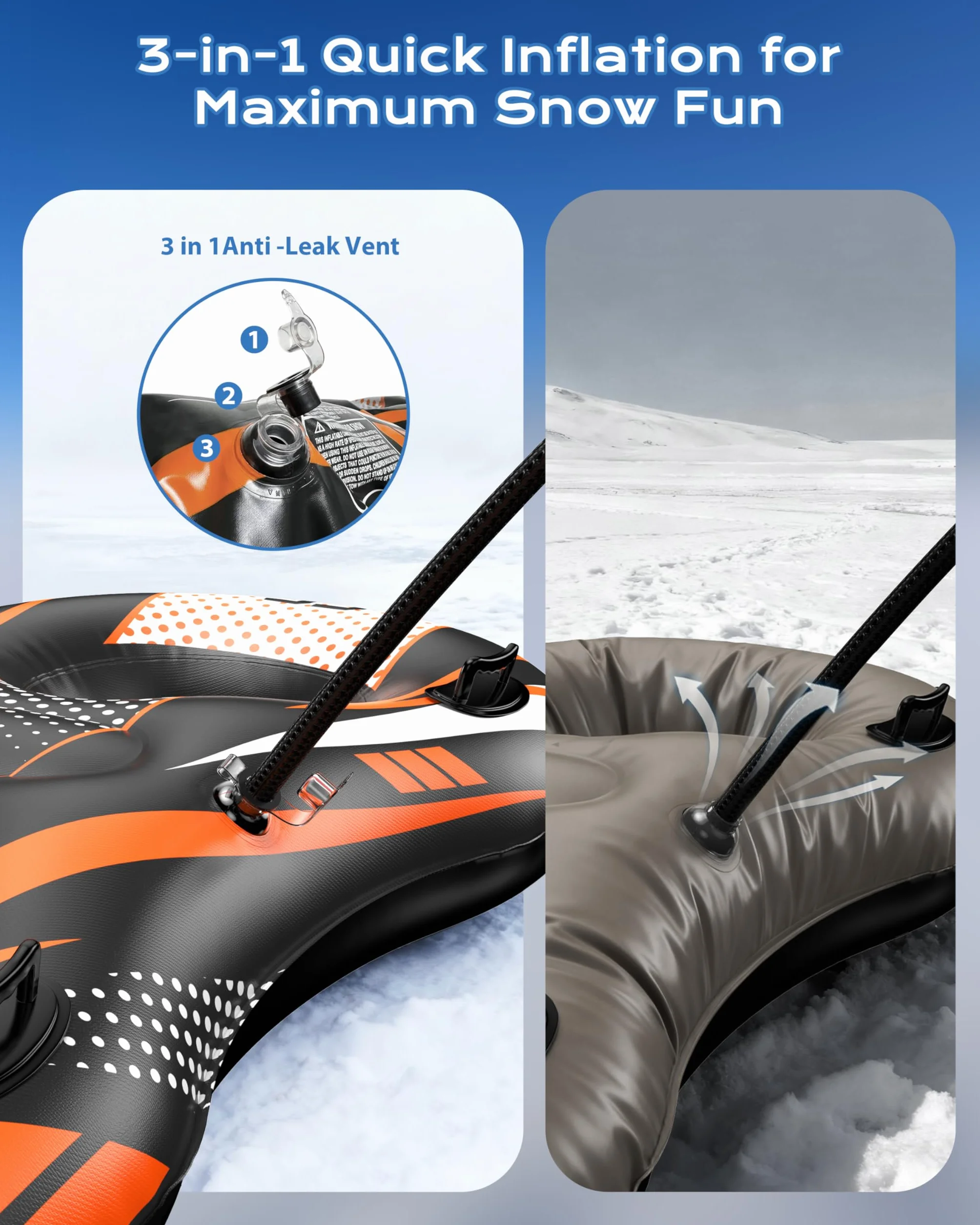 Trineo de nieve inflable 2 asientos con correa remolcable, cubierta resistente, anticongelante