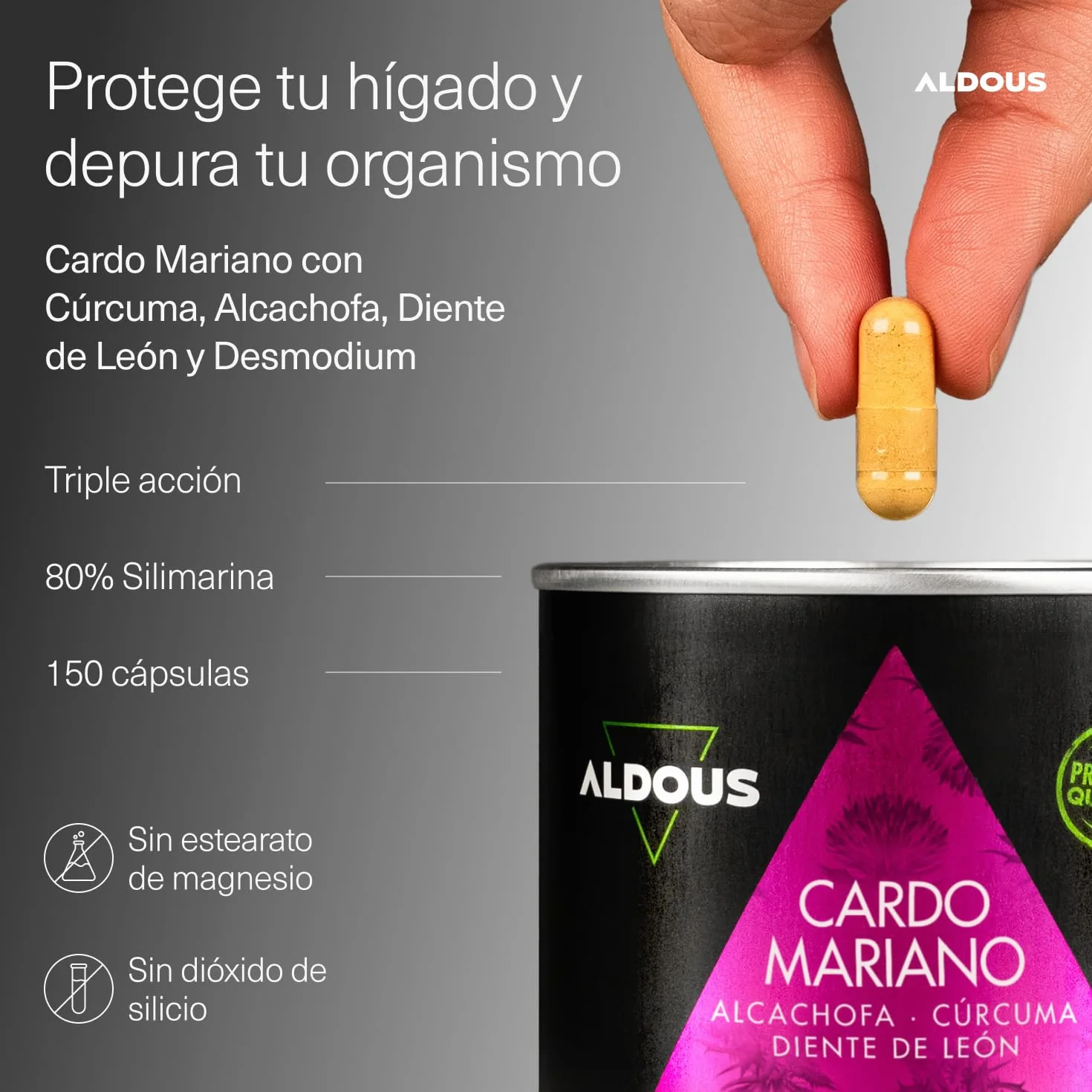 ALDOUS Cardo Mariano Cúrcuma Alcachofa Diente de León Desmodium 150 Cápsulas Detox 80% Silimarina