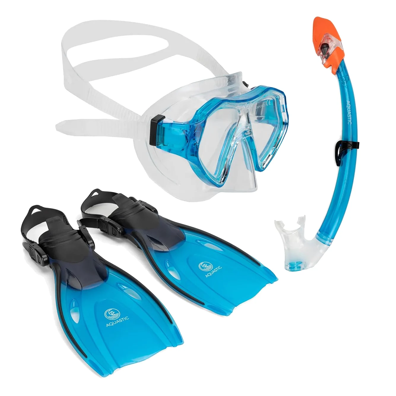 AQUASTIC Juego de esnórquel para niños Shelly 3 en 1, 33/38, máscara de esnórquel y Aletas, Color Azul Oscuro, máscara Ajustable, Boquilla hipoalergénica para mar y Vacaciones, Comodidad Impermeable