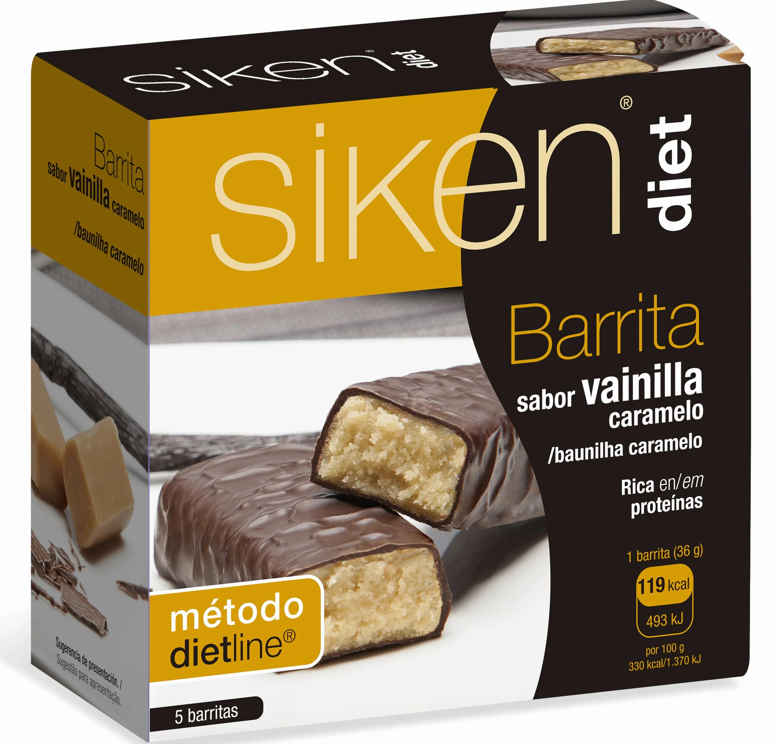 Siken Diet Barrita Vainilla y Caramelo Proteínas Fibras Estuche 5 uds 180 gr