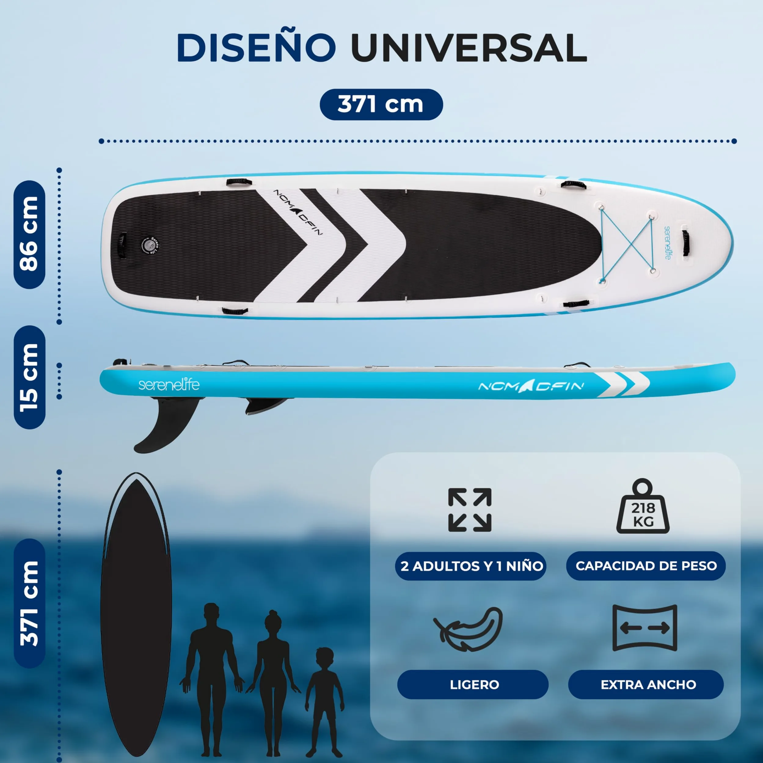 SereneLife Tabla de Paddle Surf Inflable XL, 371 cm, con Almohadilla EVA Antideslizante, Estable, 86 cm de Ancho, Accesorios Premium, Capacidad de 200 kg para 2 Adultos y 1 Niño