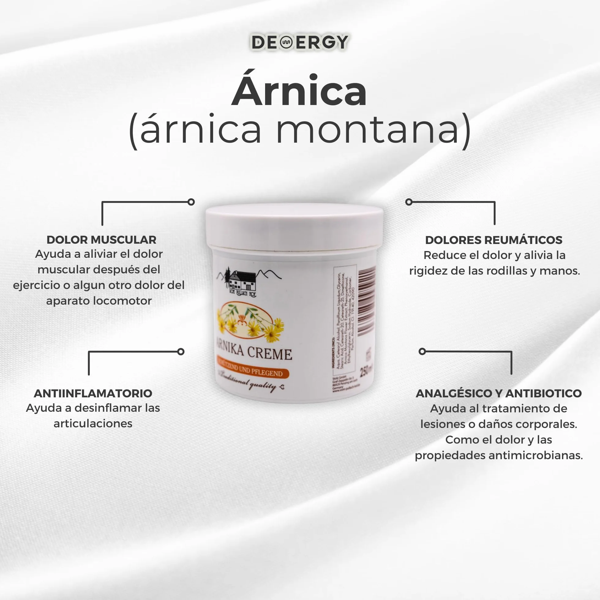 DEMERGY® Sin Dolor Crema Árnica Antiinflamatoria Nueva Fórmula, Producto Alemán para Dolor Muscular y Articulaciones