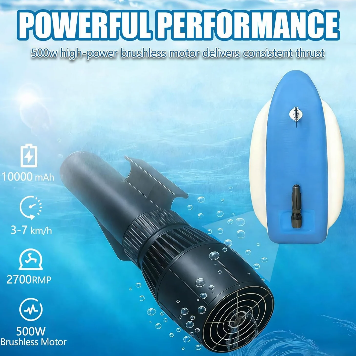 Scooter Submarino y Kayak 2 en 1 – Desmontable para Snorkel y Buceo | Potente motor 500W y batería 10000mAh – velocidad 3-7 km/h y autonomía hasta 130 min,Profundidad máxima 40m