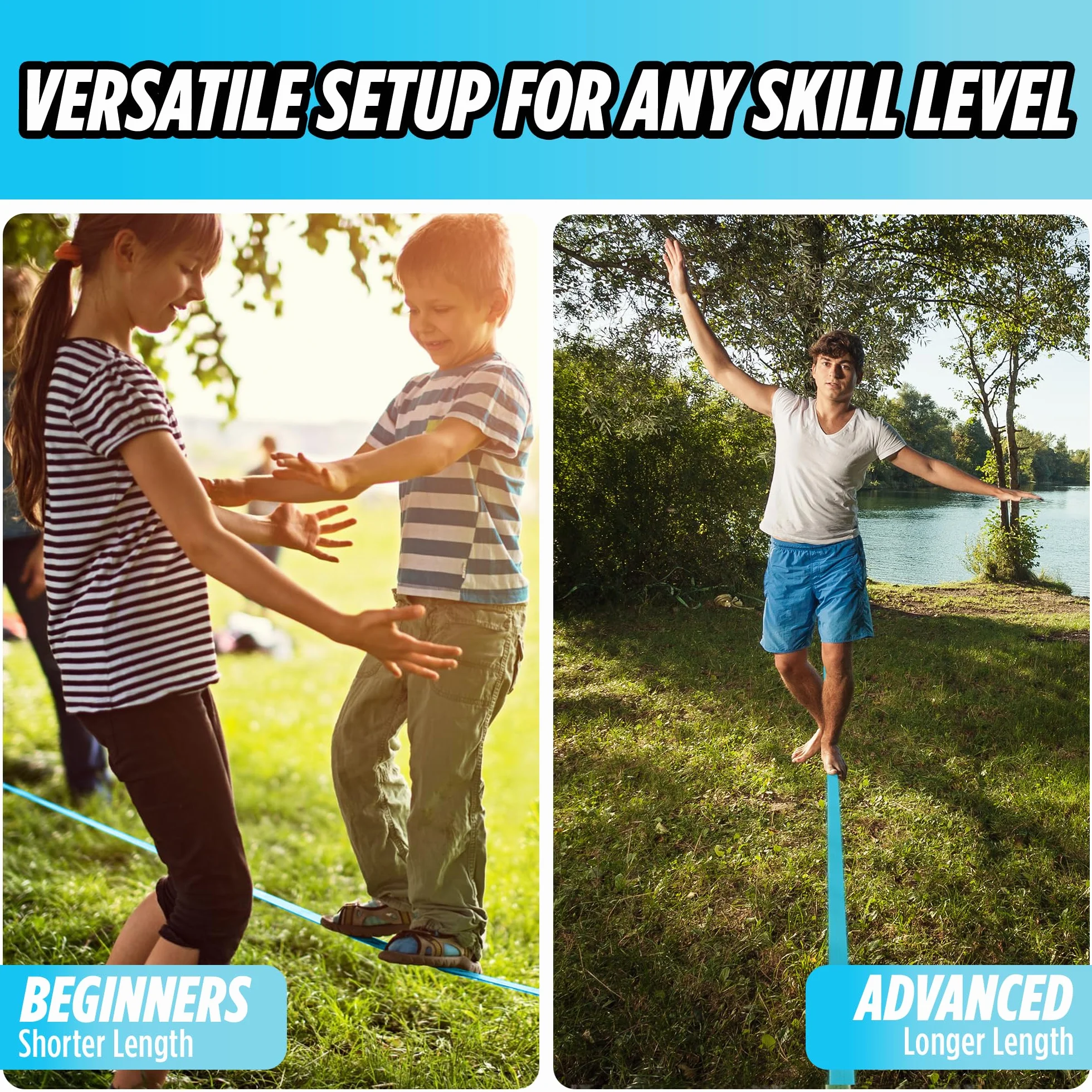 Kit Slackline Completo - Kit de Principiante con Protectores de árboles, Trinquete Tensor Revestido - Set de 18,5 Metros de Bandas para Entrenamiento de fácil instalación