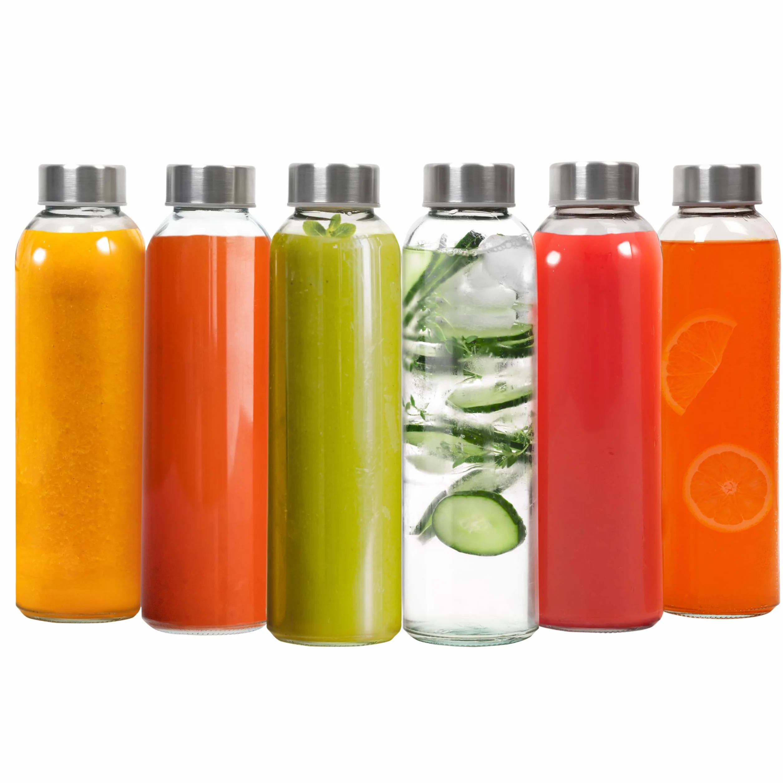 Winter Shore Botellas Cristal Reutilizable de 500 ml [Pack de 6] - Botella Vidrio Transparente para Bebidas Frías y Calientes, Zumos, Batidos, Smoothie - Prueba de Fugas con Tapas de Acero Inoxidable