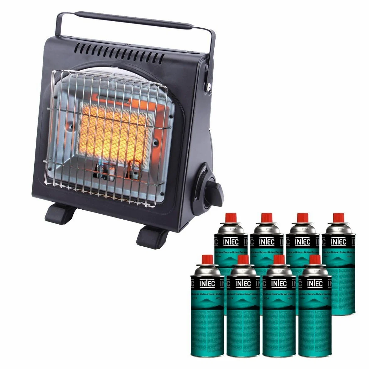 Intec – Calentador de gas portátil 1700 W de cerámica + 8 cartuchos de gas termopar ODS Camping Pesca