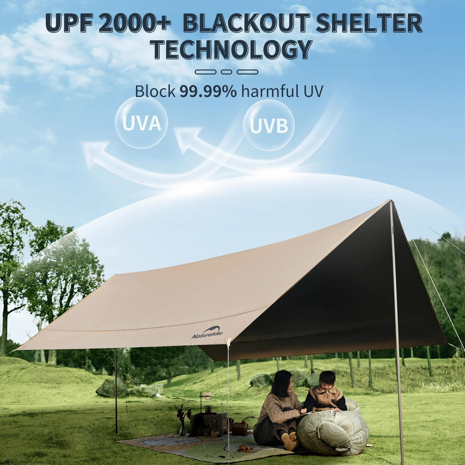 Naturehike Lona para tienda de campaña con postes, poliuretano impermeable de 18000 mm, anti-UV UPF2000+ para camping, refugio solar, mosca de lluvia, toldo de tienda de campaña para fiestas al aire