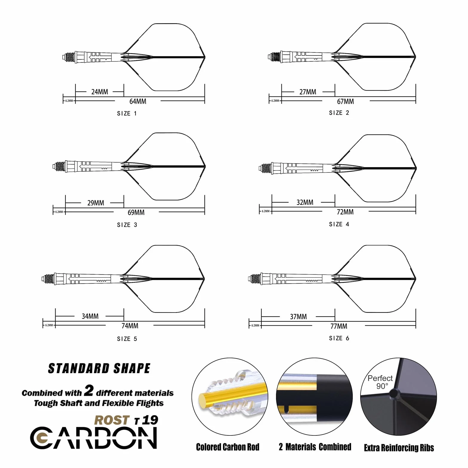 CUESOUL Rost T19 Eje de dardo Integrado de Carbono y Forma estándar de Vuelo, Juego de 3