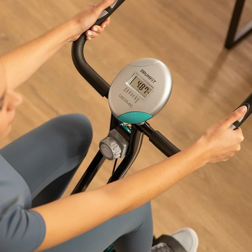 Cecotec Bicicleta estática plegable DrumFit X-Bike Neo, Sillín y manillar lateral, Sistema de plegado fácil y compacto, Soporte para dispositivos, 8 niveles de resistencia, 1,5 Kg volante de inercia.