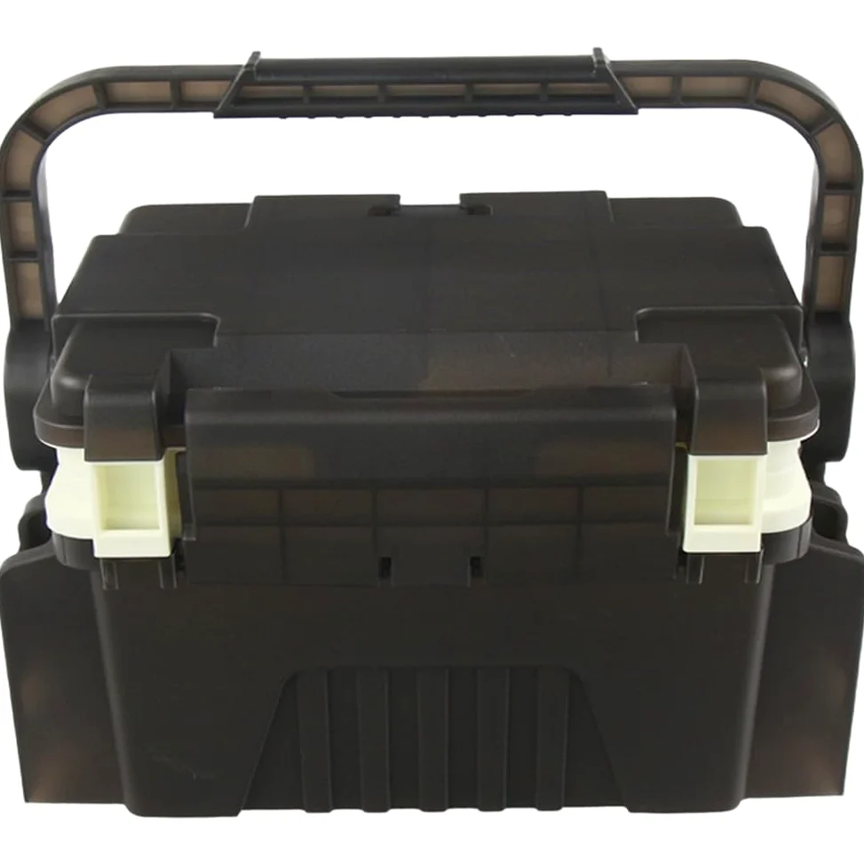 Caja de almacenamiento fiable para aparejos de pesca con particiones extraíbles de polietileno y práctico diseño de transporte y sentado (pequeño negro)