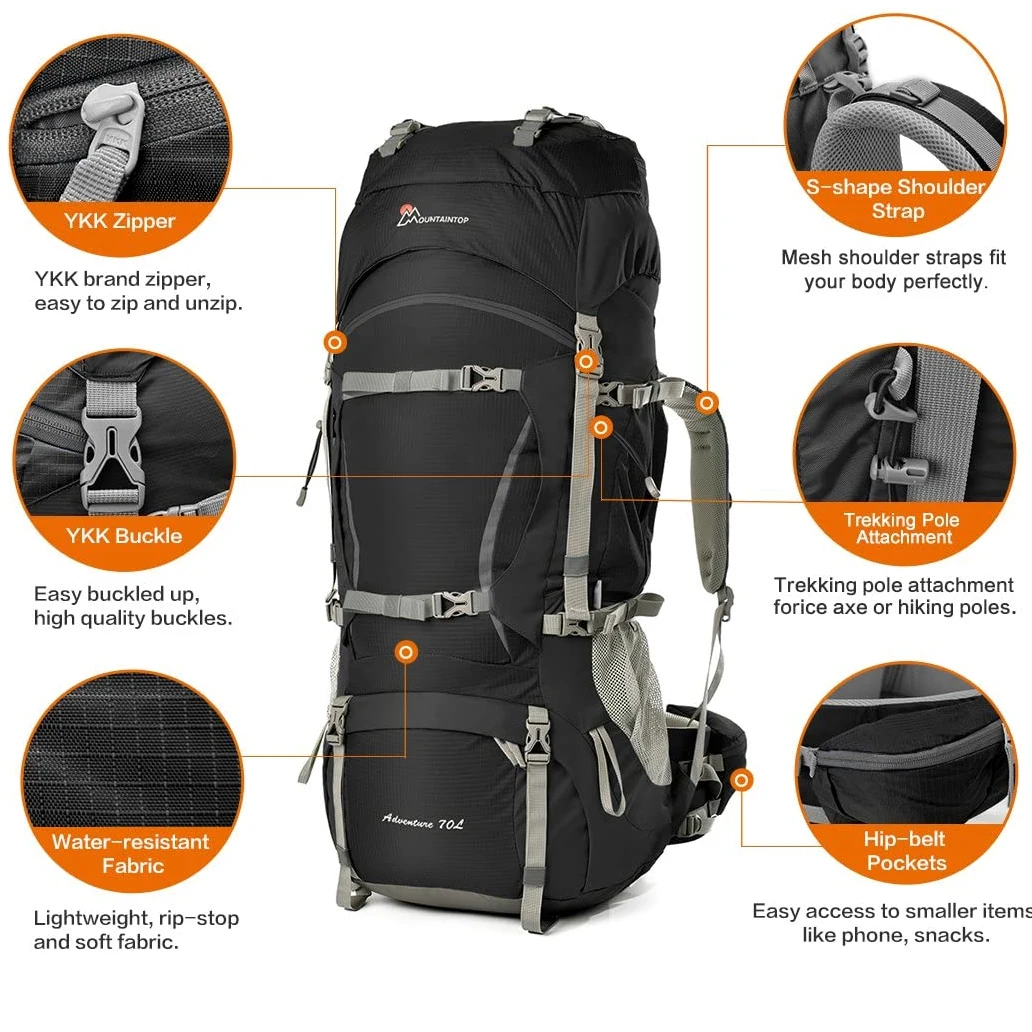 MOUNTAINTOP 70L Mochila de Senderismo para Hombre y Mujer, Mochila Trekking Unisex, Espaciosa y Resistente para Montaña, Viajes y Acampadas, con Soporte Lumbar Acolchado y Múltiples Bolsillos | Para trekking larga distancia y acampada, cremalleras YKK, fu