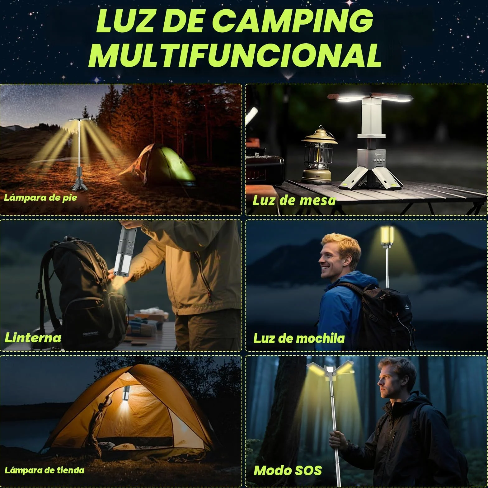 SakerPlus Linterna telescópica de camping, fuente de alimentación recargable de 14000 mAh, lámparas magnéticas regulables de 6000 lúmenes, iluminación de trabajo
