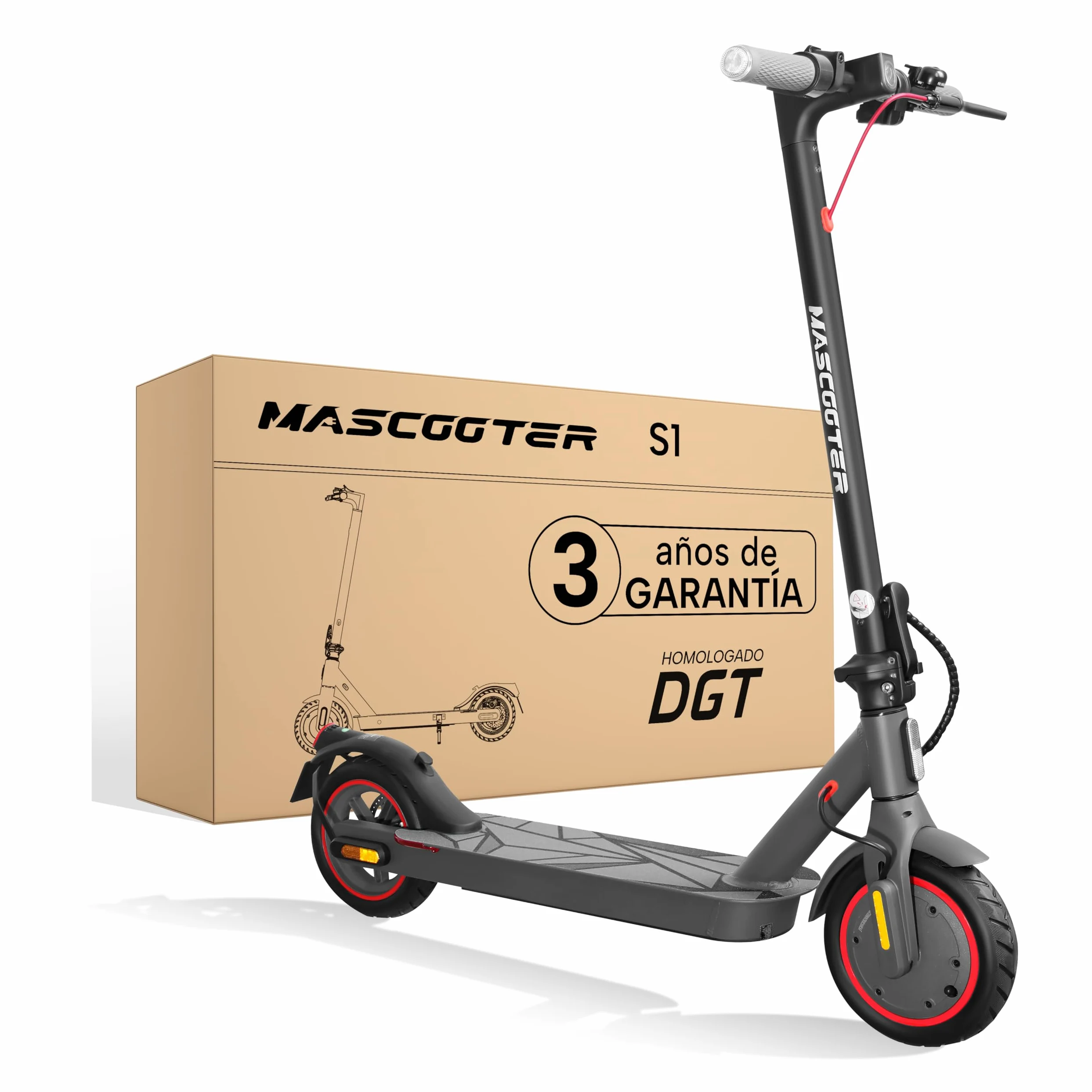 MASCOOTER S1 | Patinete Eléctrico Adultos Homologado con Talleres en España | 600W | 20 km | 3 Años de Soporte | Homologado DGT | Intermitentes | Ruedas 9.5" Aire | Regeneración al Frenar (AER) | HPB
