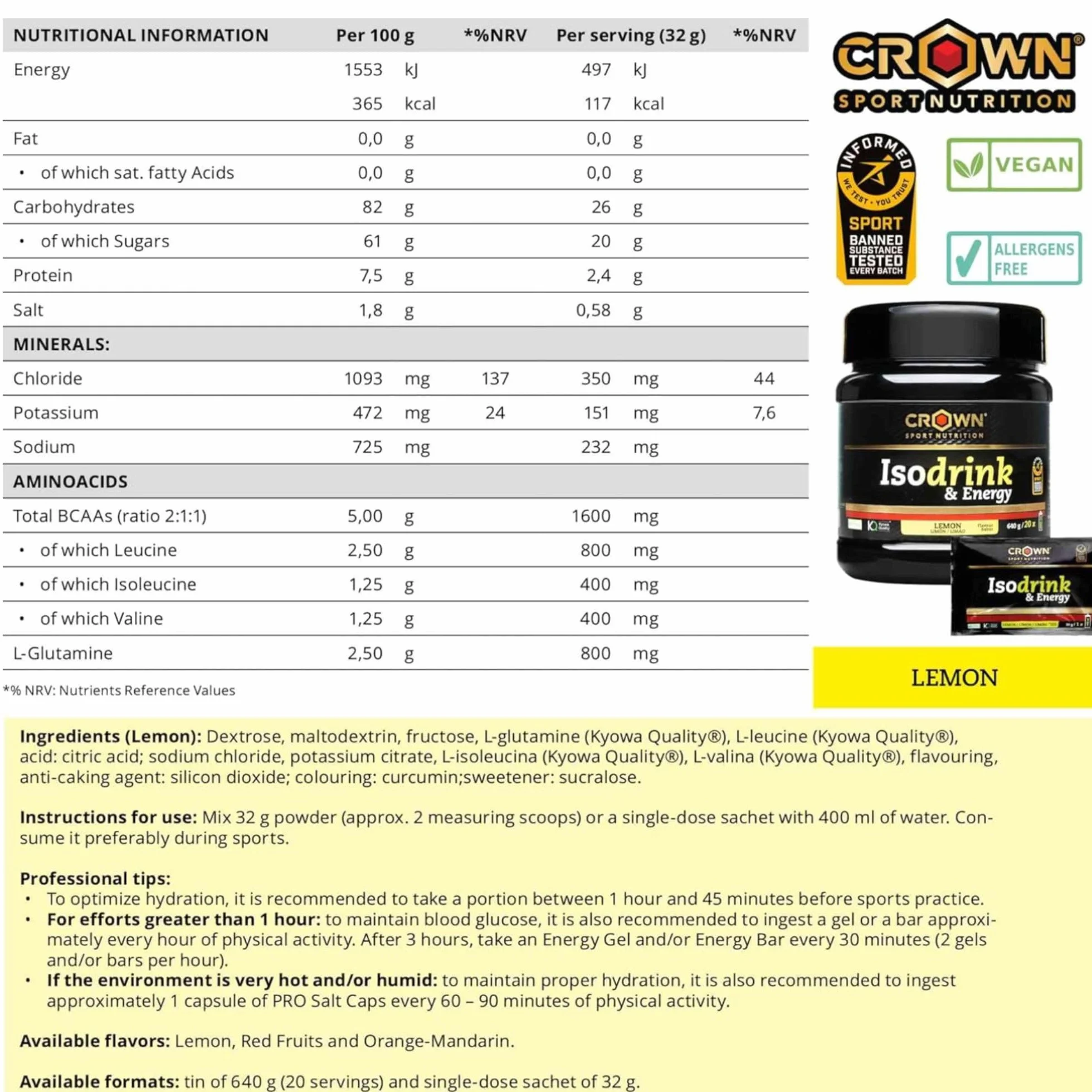 Crown Sport Nutrition Isodrink & Energy Bebida Isotónica en Polvo con Electrolitos Sales Minerales BCAA y Carbohidratos Sabor Limón 640 g Informed Sport