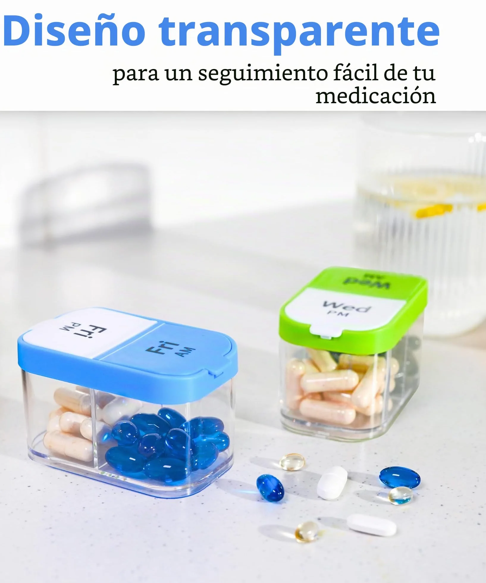 Organizador semanal XL de píldoras con 7 compartimentos desmontables AM/PM, dispensador portátil