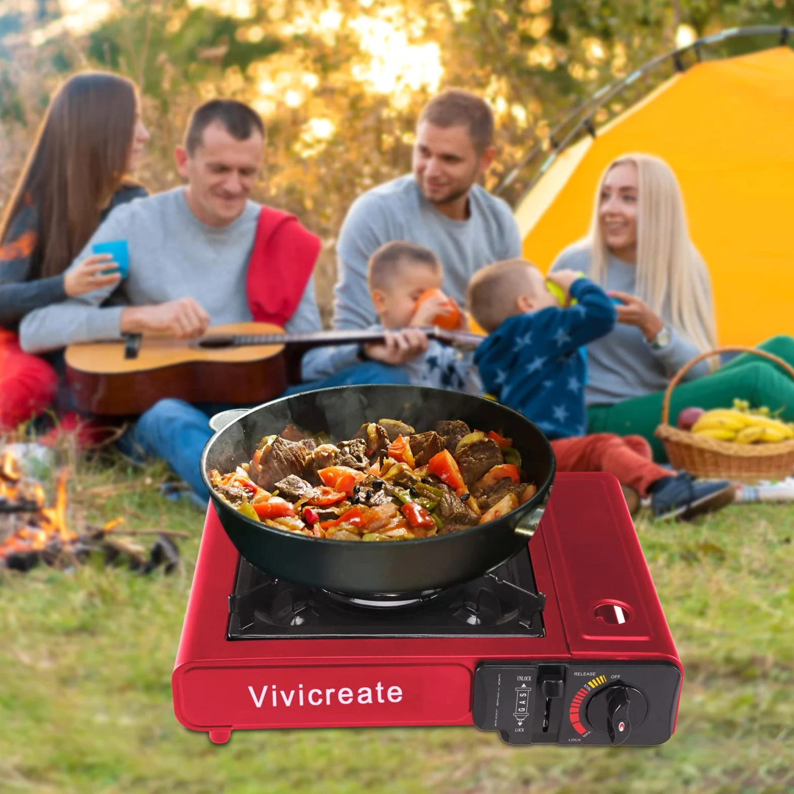 Vivicreate Estufa portátil, estufa de camping, estufa de butano, estufa al aire libre (rojo)