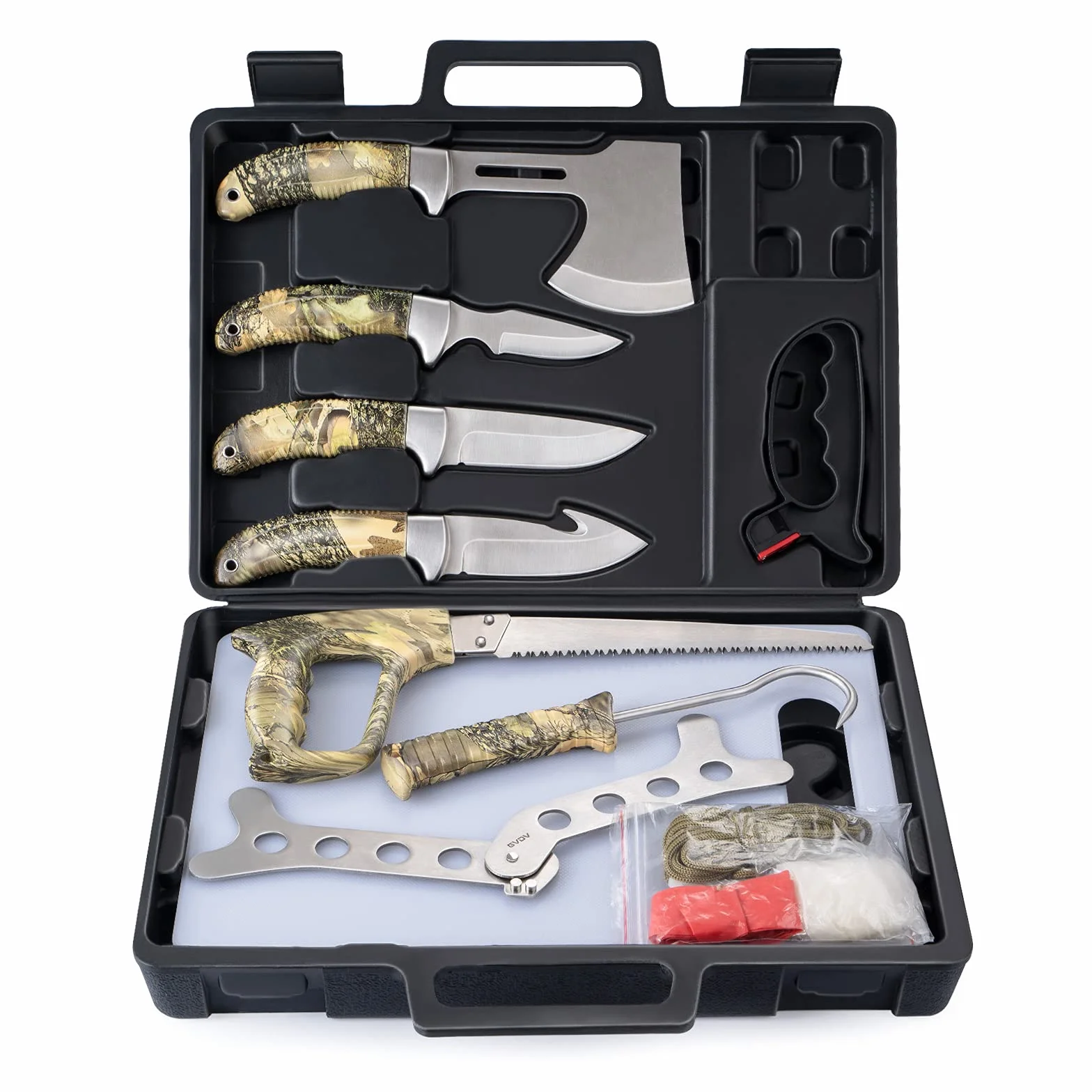 GVDV 14 Piezas Juego de Cuchillos de Caza, Cuchillo Desollador con Gancho para el Intestino, Cuchillo de Capa, Hacha, Sierra para Madera/hueso y Más