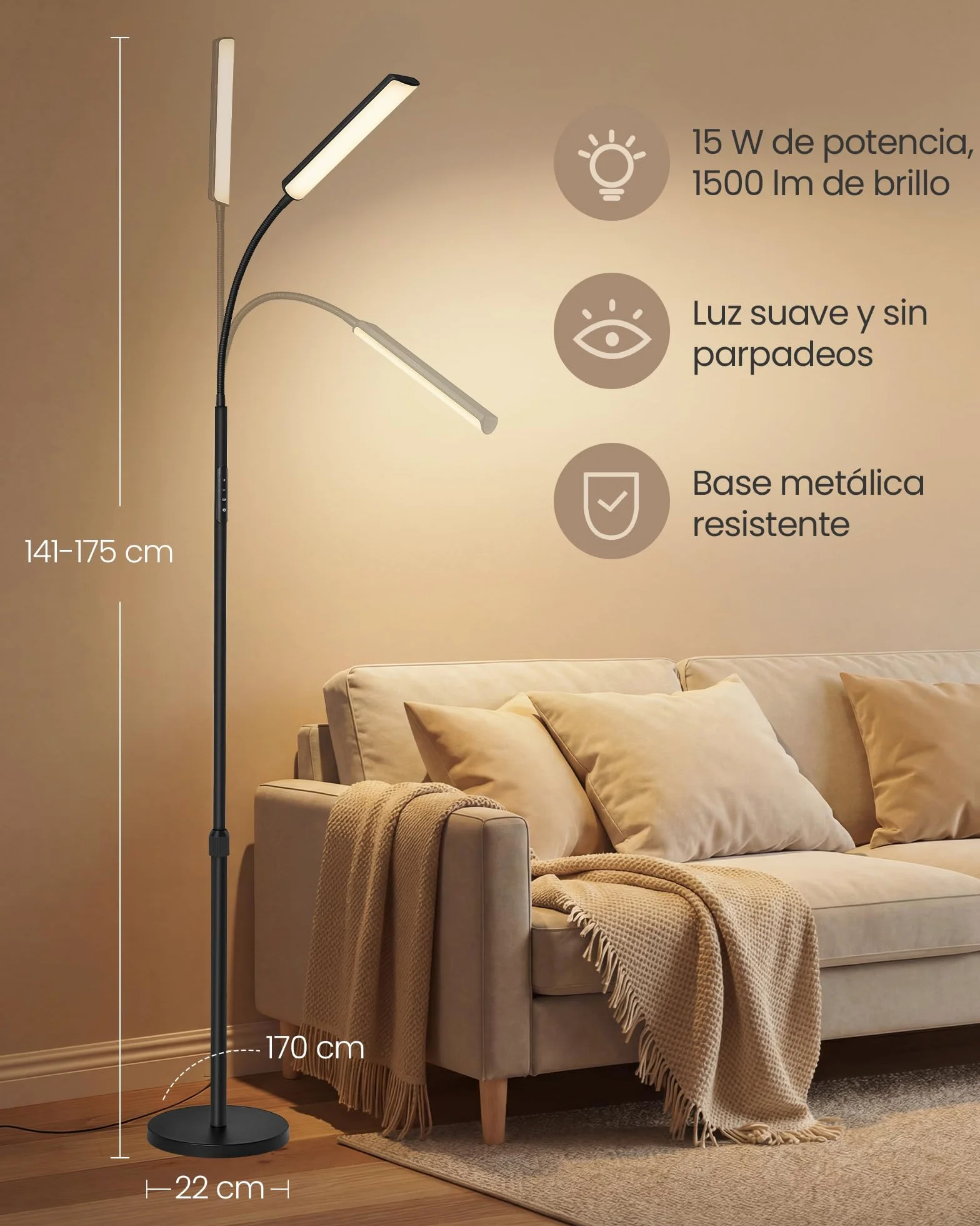 VASAGLE Lámpara de Pie Ajustable 141-175 cm 15 W 360° Flexible Temporizador Control Remoto Negro Mate