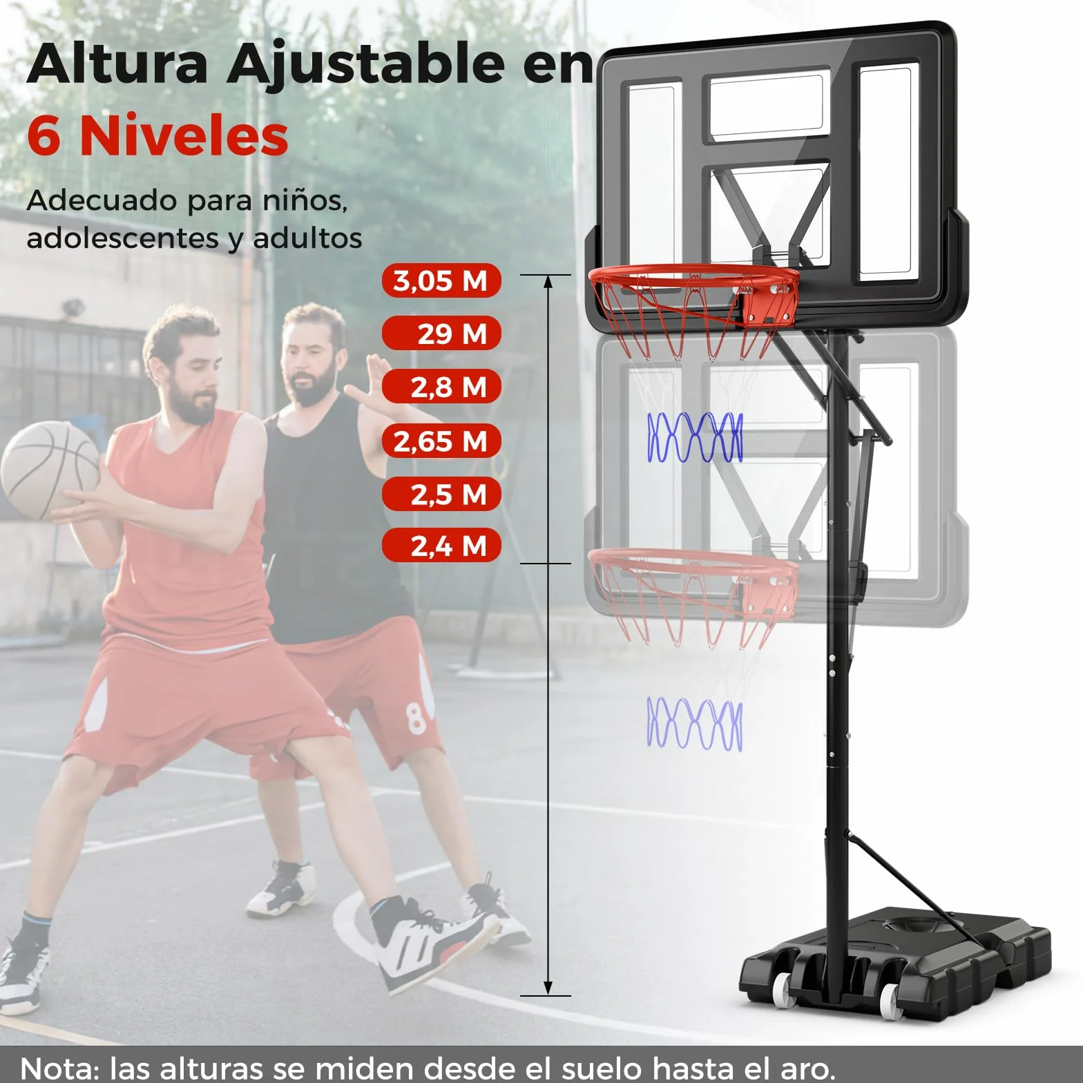 COSTWAY Canasta de Baloncesto Altura Ajustable 240-305cm Base Rellenable Portátil con Ruedas