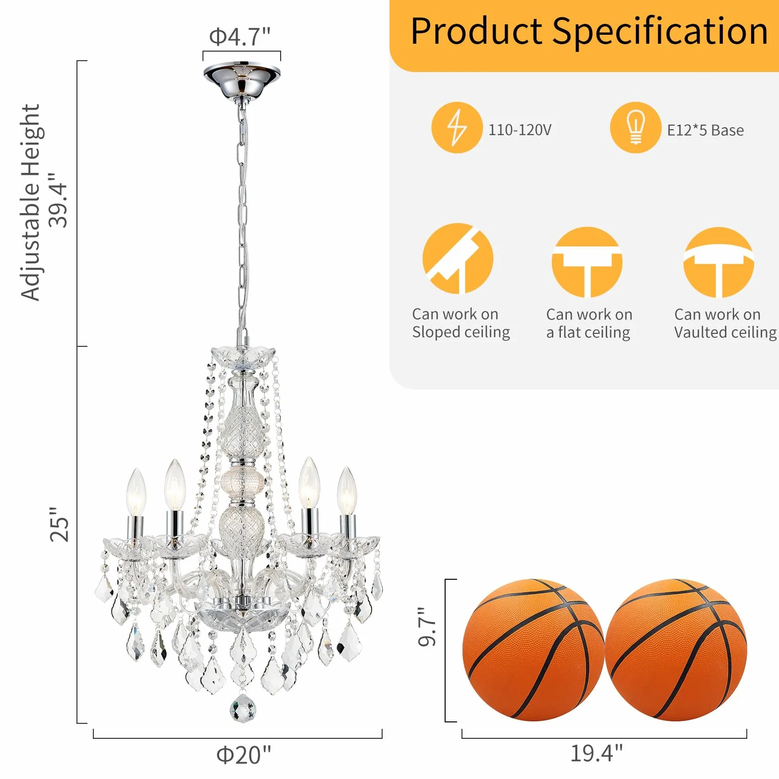 WUZUPS Crystal 5-Light Candle Chandelier Flushmount Chrome Ceiling Light, H 63.5cm x W 50.8cm, E14