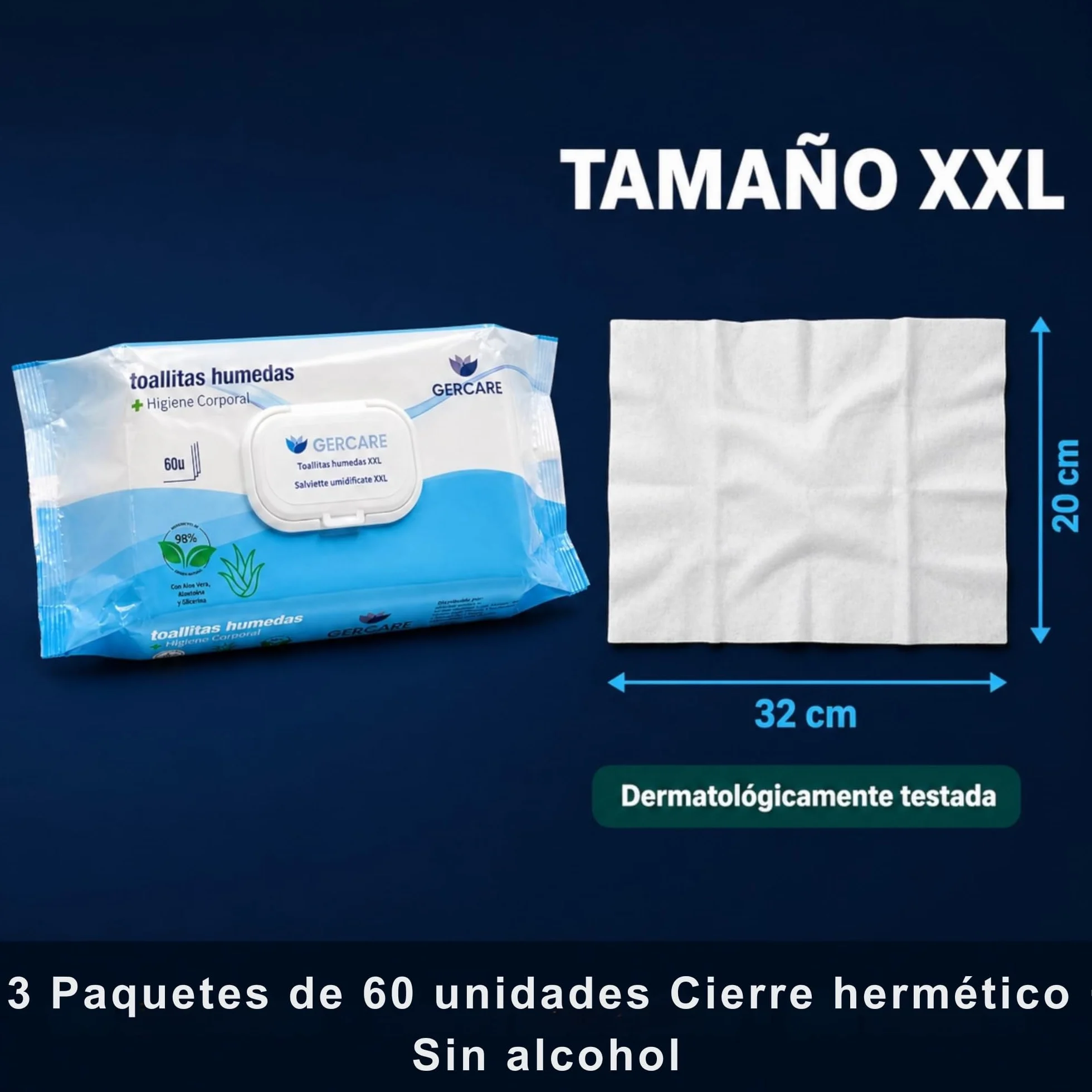Toallitas Húmedas Adultos XXL Aloe Vera 180 Unidades (3x60) Higiene Corporal Extra Grandes Suaves Resistentes