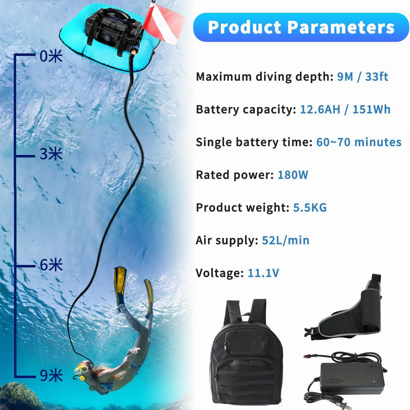 S-istema De Buceo Sin Tanque, 60-70 Min, Dispositivo De Respiración Subacuática, Profundidad Máxima De Buceo 10 M, Suministro De Aire De 52 L/Min, para Buceo Al Aire Libre Red-Basic