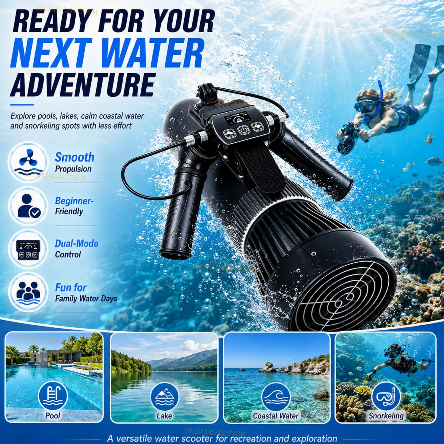 Scooter Submarino, Motor De 500 W, 9 Velocidades, Impermeable Ipx8 | Muestra Velocidad Y Baterías Del Scooter Y Mando, 3-9 Km/H, Control Dual, Para Agua Dulce O Salada