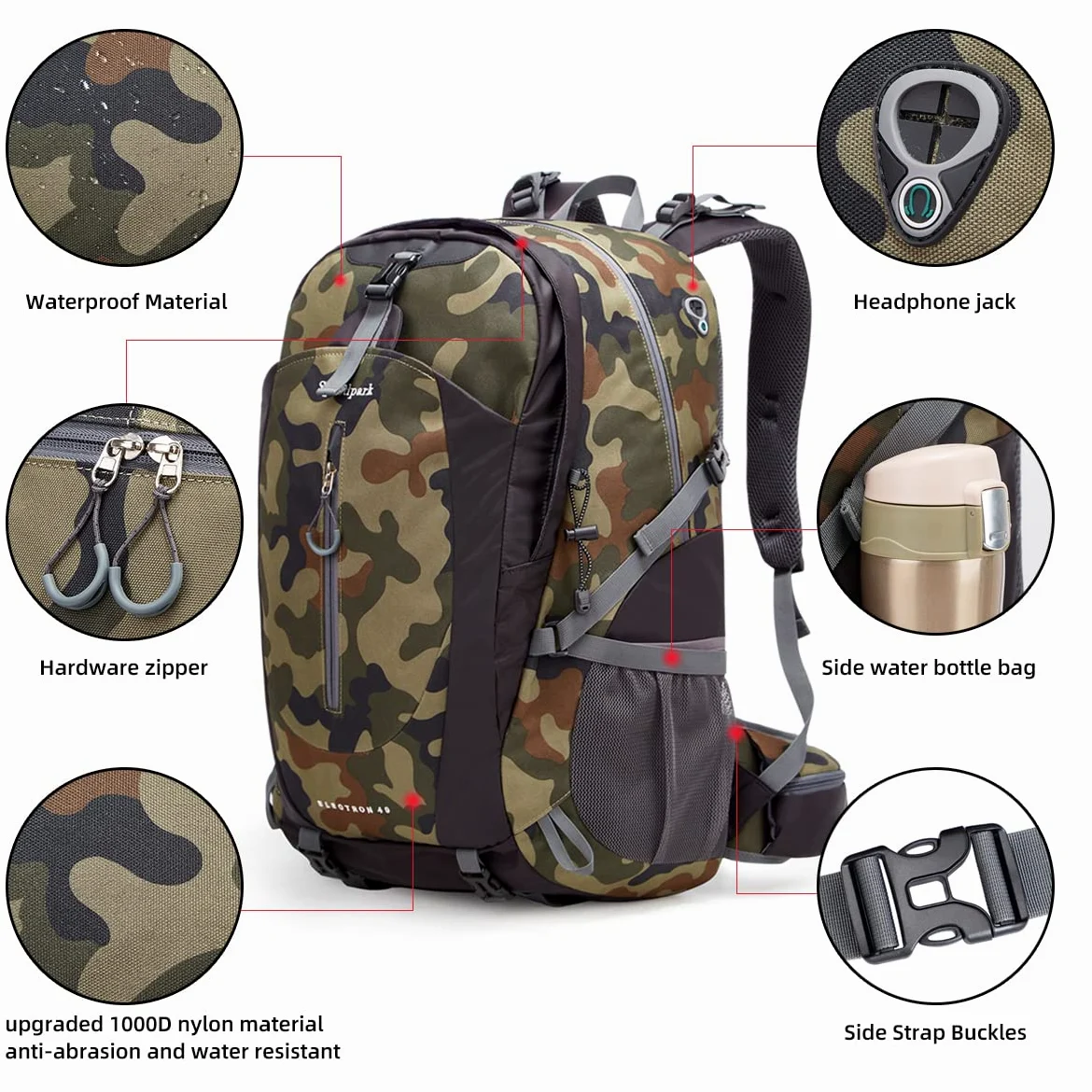 SPEEDPARK Mochila de senderismo de 40 litros, impermeable, con cubierta de lluvia, trekking, mochilas de viaje para hombres y mujeres, Camo, 40L, senderismo al aire libre, Camo, 40, Senderismo al aire