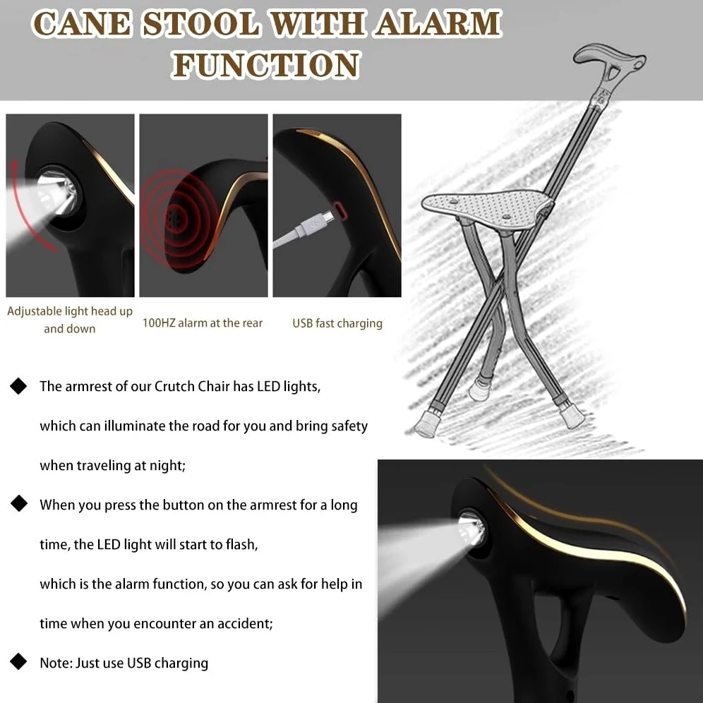 Silla Plegable, Taburete de bastón con luz LED y Alarma, 5 Marchas, Altura: 24 x 80-90 cm, Color Negro