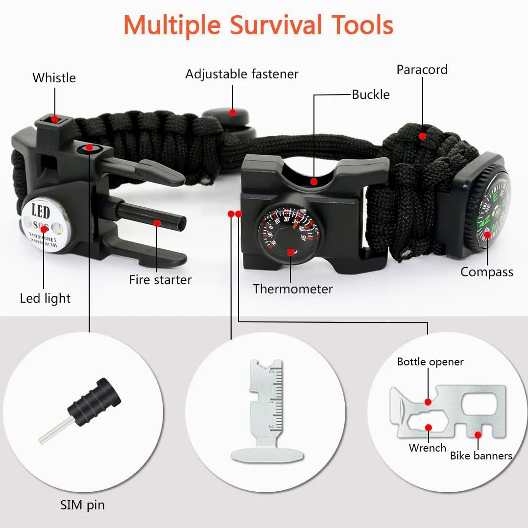 20 in 1 Survival Paracord Bracelet Adjustable Gear Kit with SOS LED Light, Fire Starter, Bigger Compass, Survival Whistle, Perfect for Camping, Hiking, Fishing