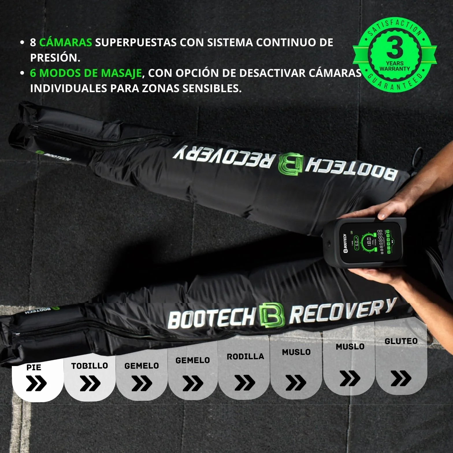 Pantalones de Presoterapia Inalámbricos 8 Cámaras Piernas Glúteos Cintura Masajeador Drenaje Linfático Circulación Recuperación Deportiva 3 Años Garantía