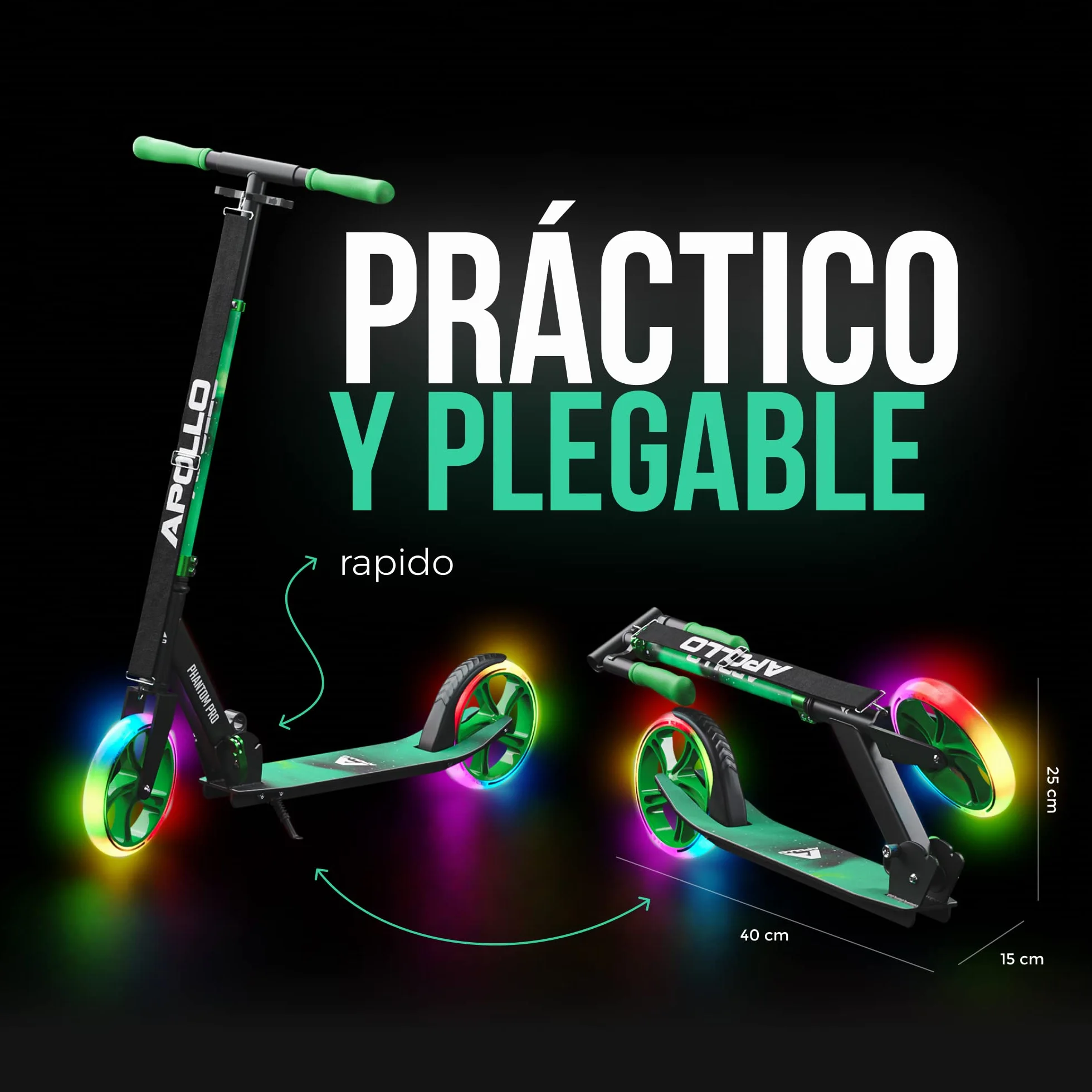 Apollo Phantom Pro Patinete Urbano Plegable 200 mm Ruedas XXL para Niños y Adultos hasta 100 kg