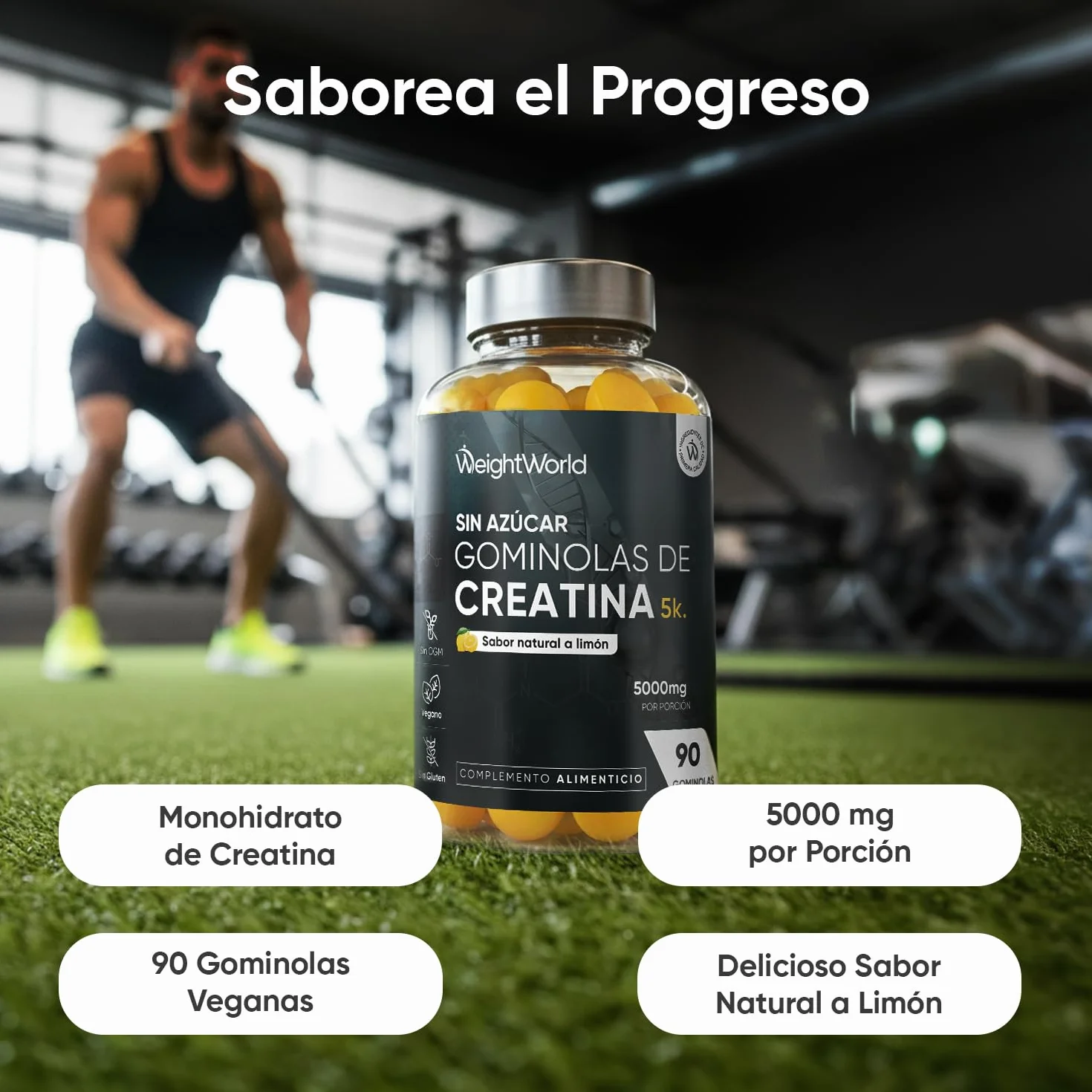 Gominolas de Creatina Monohidratada 5000mg - Gomitas Pre Entreno Sabor Limón - Suplemento para el Gym Sin Azúcar