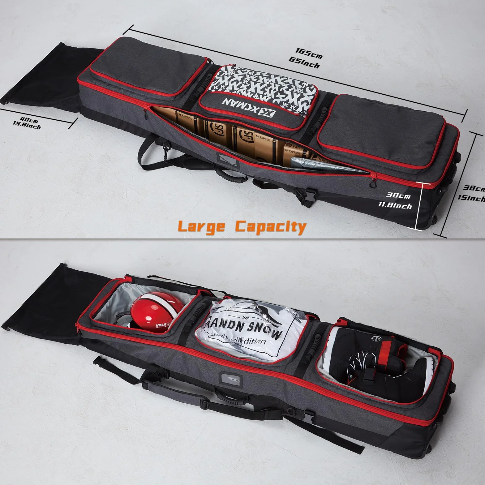 XCMAN - Bolsa de Snowboard con Ruedas, Longitud Ajustable para Viajes en avión, Extra Larga/Ancha/Profunda, Impermeable, con Varillas de protección ABS y Lomo de protección PP - Versión 2020