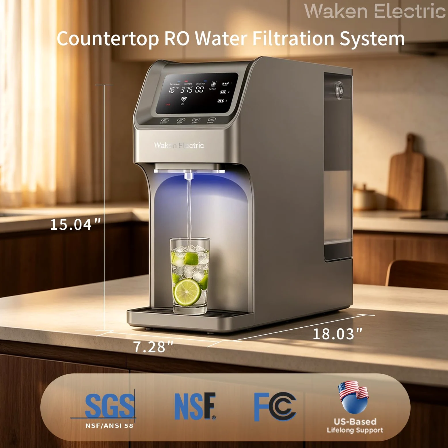 Waken - Filtro de agua de ósmosis inversa eléctrico, sistema de filtración de agua UV, visualización TDS en tiempo real, sin BPA, PFAS, plomo y reducción TDS (azul zafiro) (gris platino)