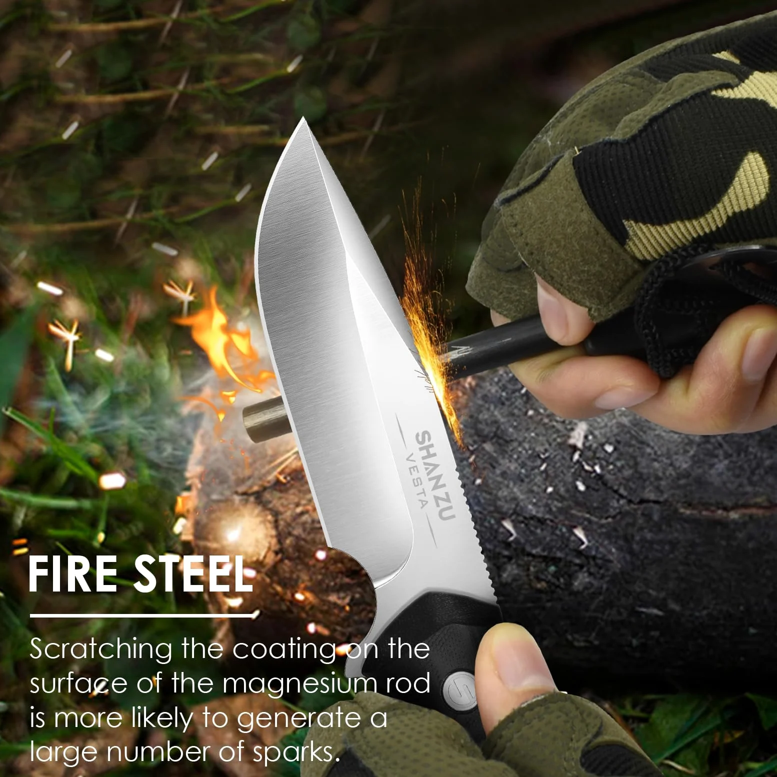 SHAN ZU Cuchillo Supervivencia D2 11cm Plateado Funda Kydex y Pedernal | Hoja Fija, Mango Ergonómico Antideslizante para Camping, Caza y Outdoor, Filo Duradero, Ligero, Compacto y Resistente