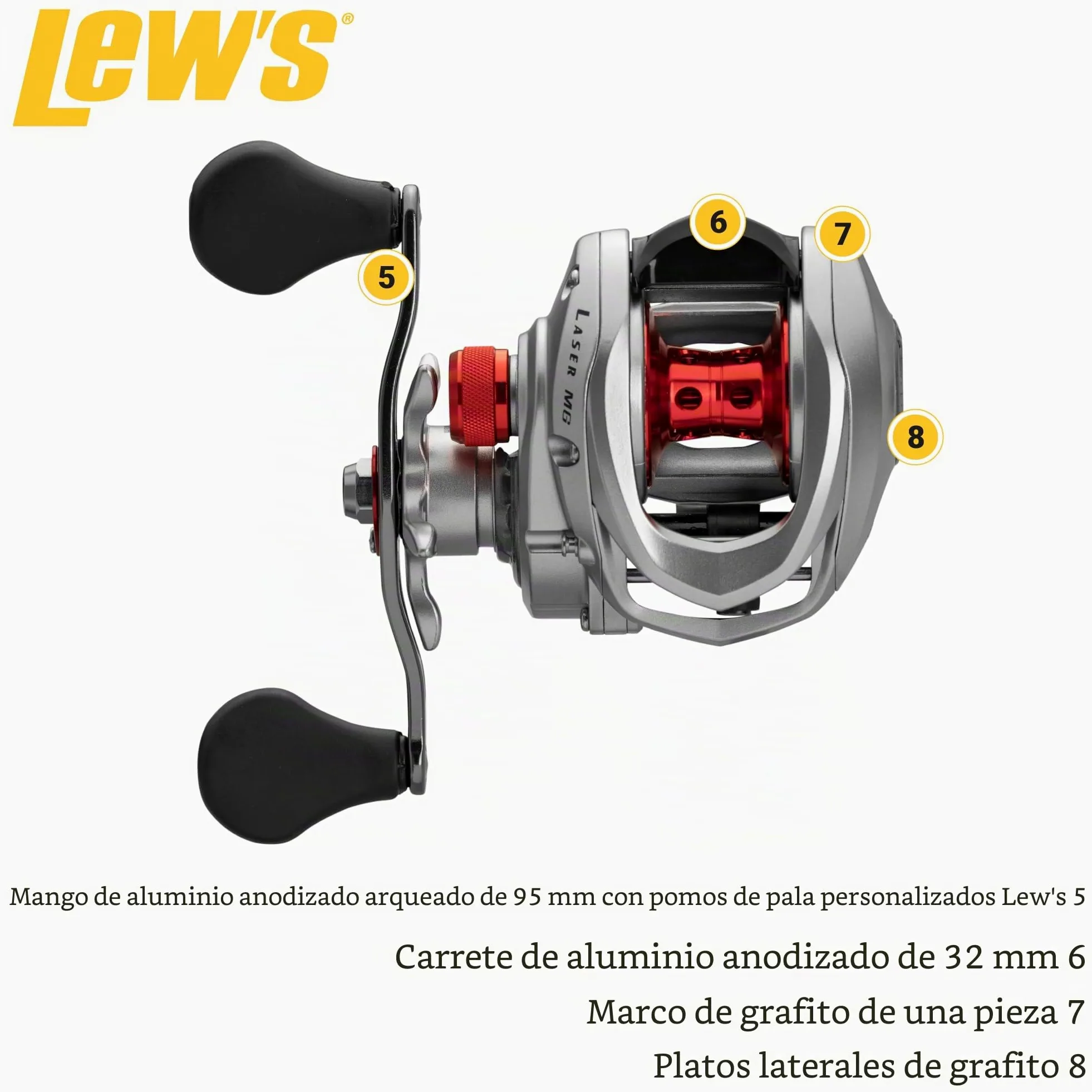 Lew's Laser MG Speed Spool SLP Baitcast - Carrete de Pesca, Marco de Grafito, Sistema de 8 rodamientos con rodamientos de Bolas de Doble blindaje de Acero Inoxidable