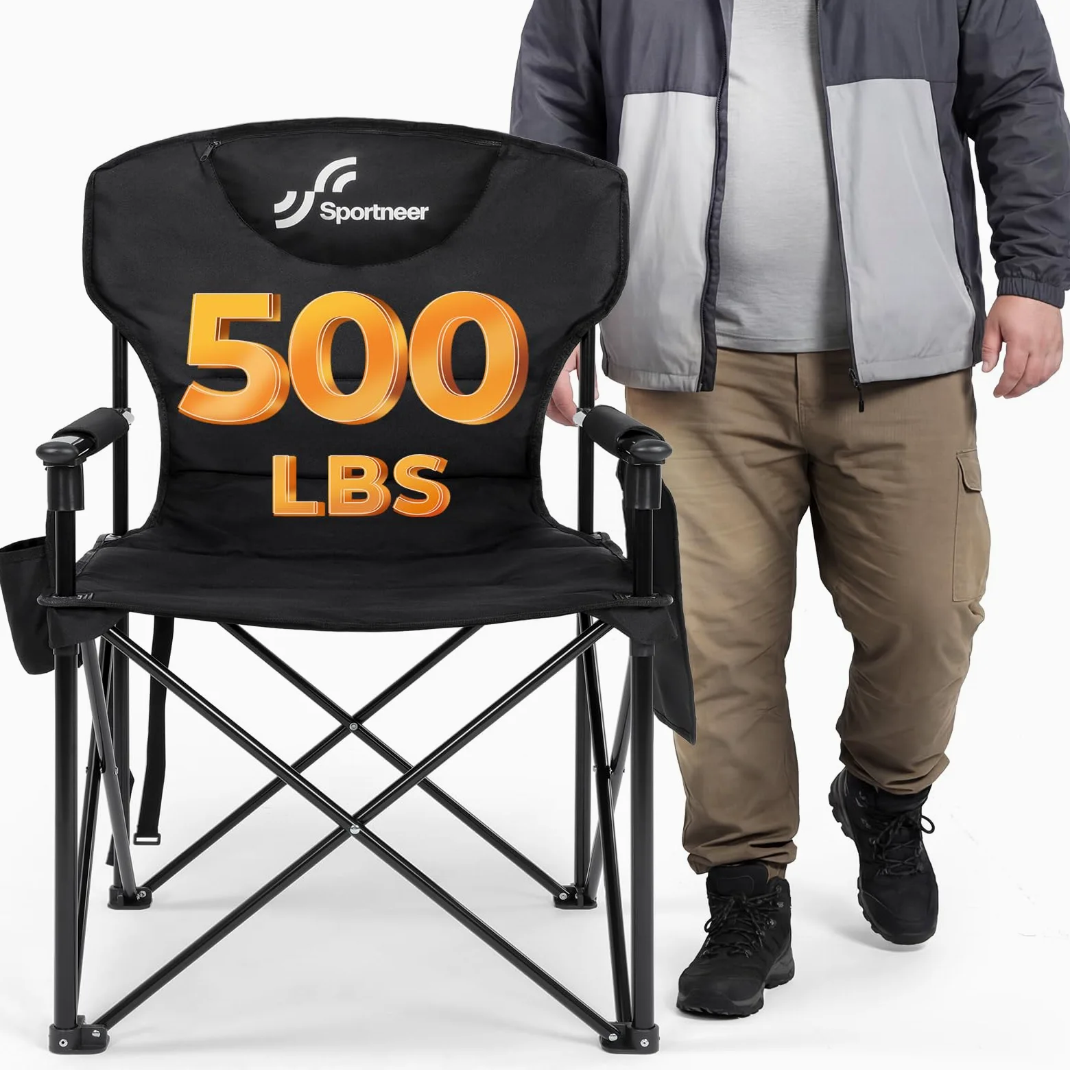 Sportneer Silla de camping de gran tamaño, resistente, capacidad de 500 libras, silla portátil plegable con bolsa refrigeradora, portavasos dobles y bolsillos laterales para exteriores, color negro