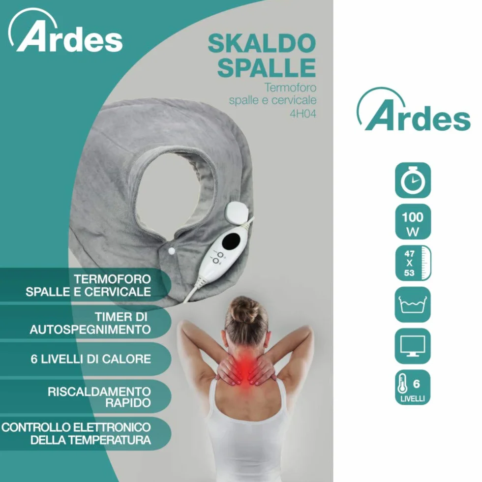 ARDES AR4H04 Almohadilla Térmica Eléctrica Calentadora Rápida Hombros Cuello Cervical 6 Niveles de Calor, Banda Cervical Cojín Térmico Eléctrico Relajante de Microfibra Suave Lavable en Lavadora
