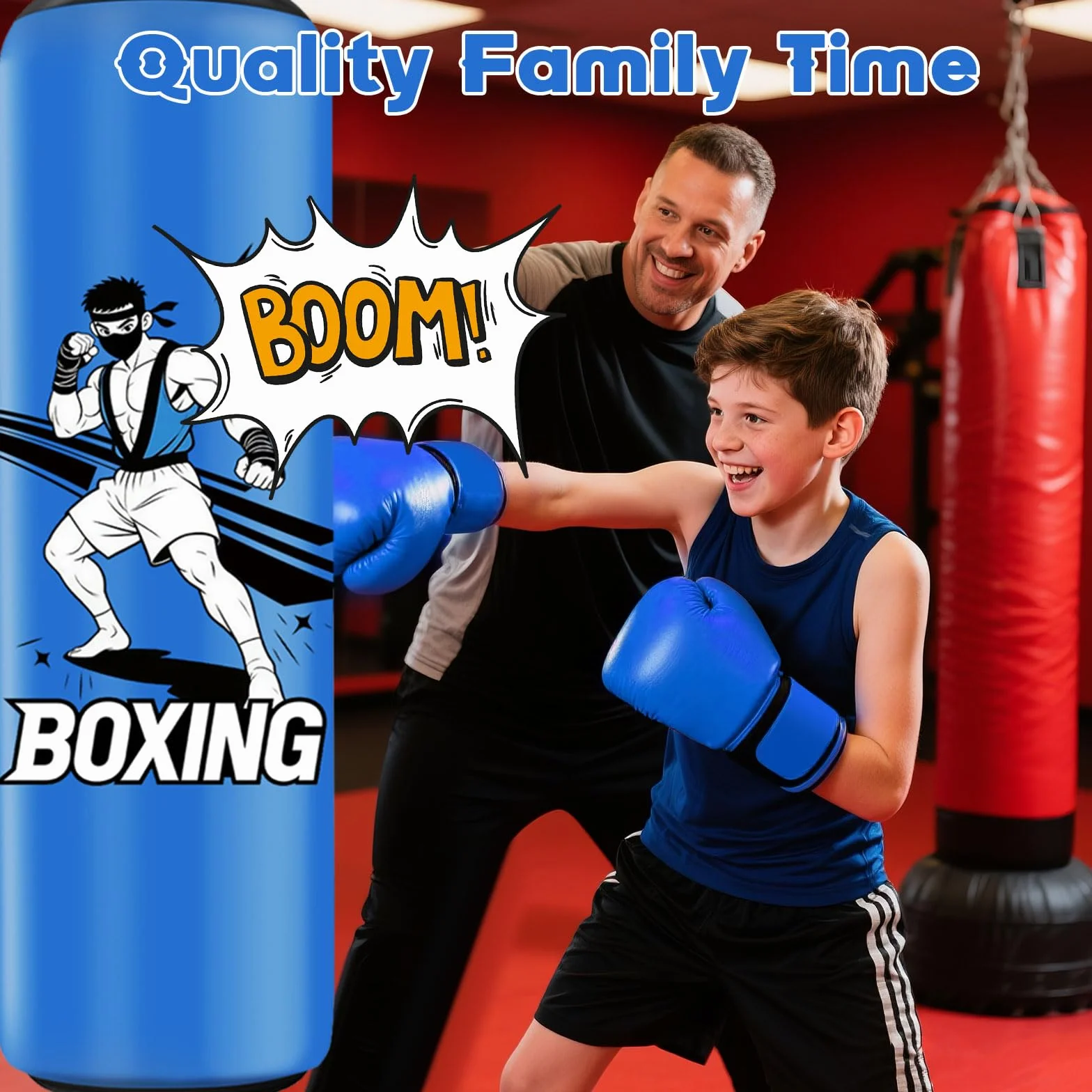 Qoosea Saco de Boxeo Niños, 168cm Bolsa de Boxeo Inflable de Pie con Guantes, Punching Ball Estable para Karate Kickboxing MMA Taekwondo, Regalo Ideal para Niños y Niñas de 3-14 años