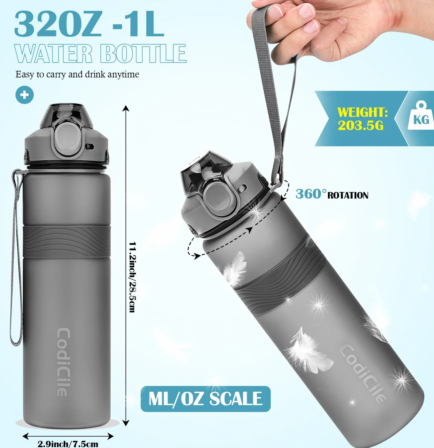 CodiCile Botella Agua, Botella de Agua Deportiva sin BPA, Botella Gimnasio a prueba de fugas, Botella agua 1 litro ideal para gym, escuela, oficina y viajes (Gris oscuro)