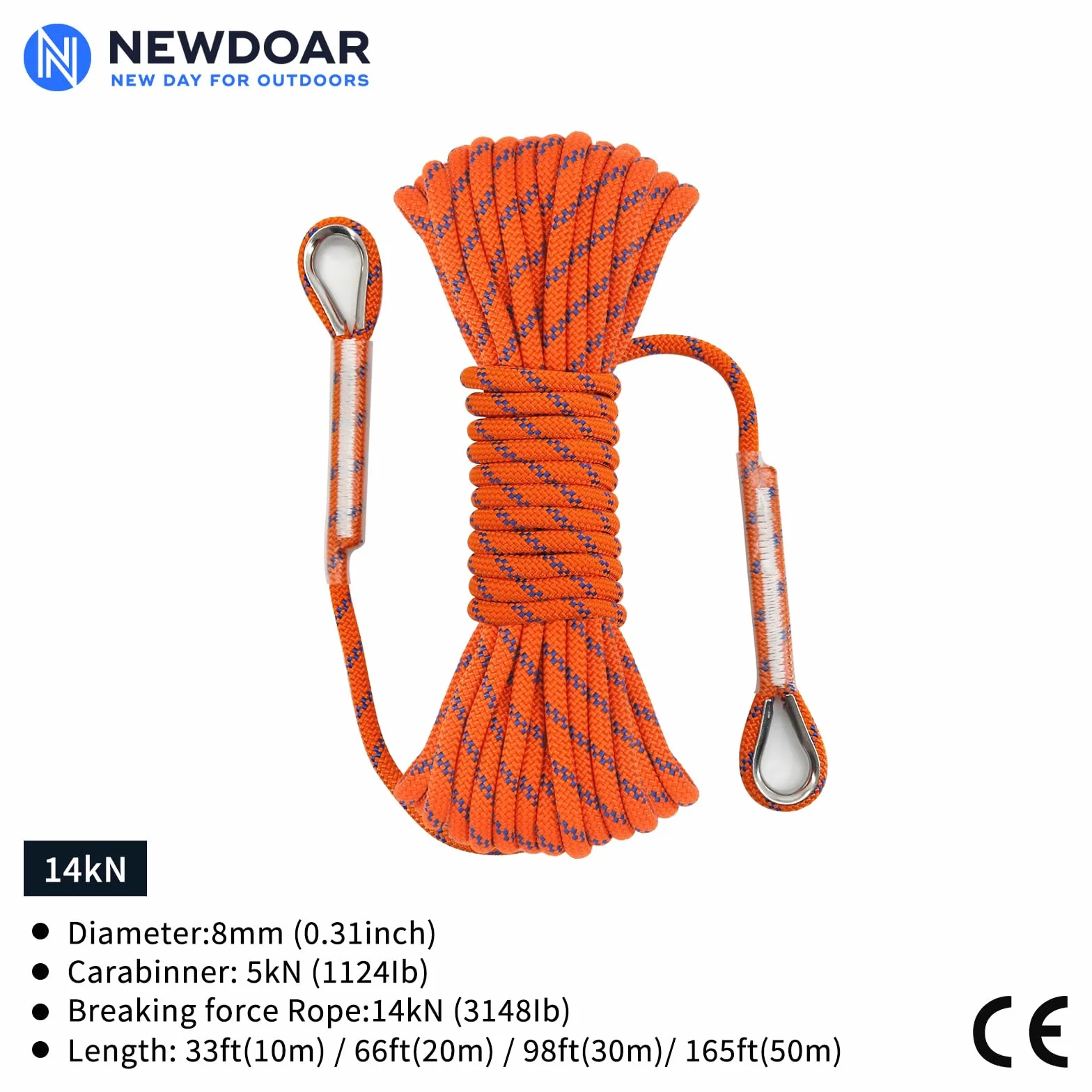 NewDoar 14KN - Cuerda de Escalada estática (8 mm, Cuerda para Equipo, 10 m, 20 m, 30 m, 50 m, Cuerda de evacuación con 2 mosquetones para Escalada en Hielo, Cuerda de Rescate contra Incendios,
