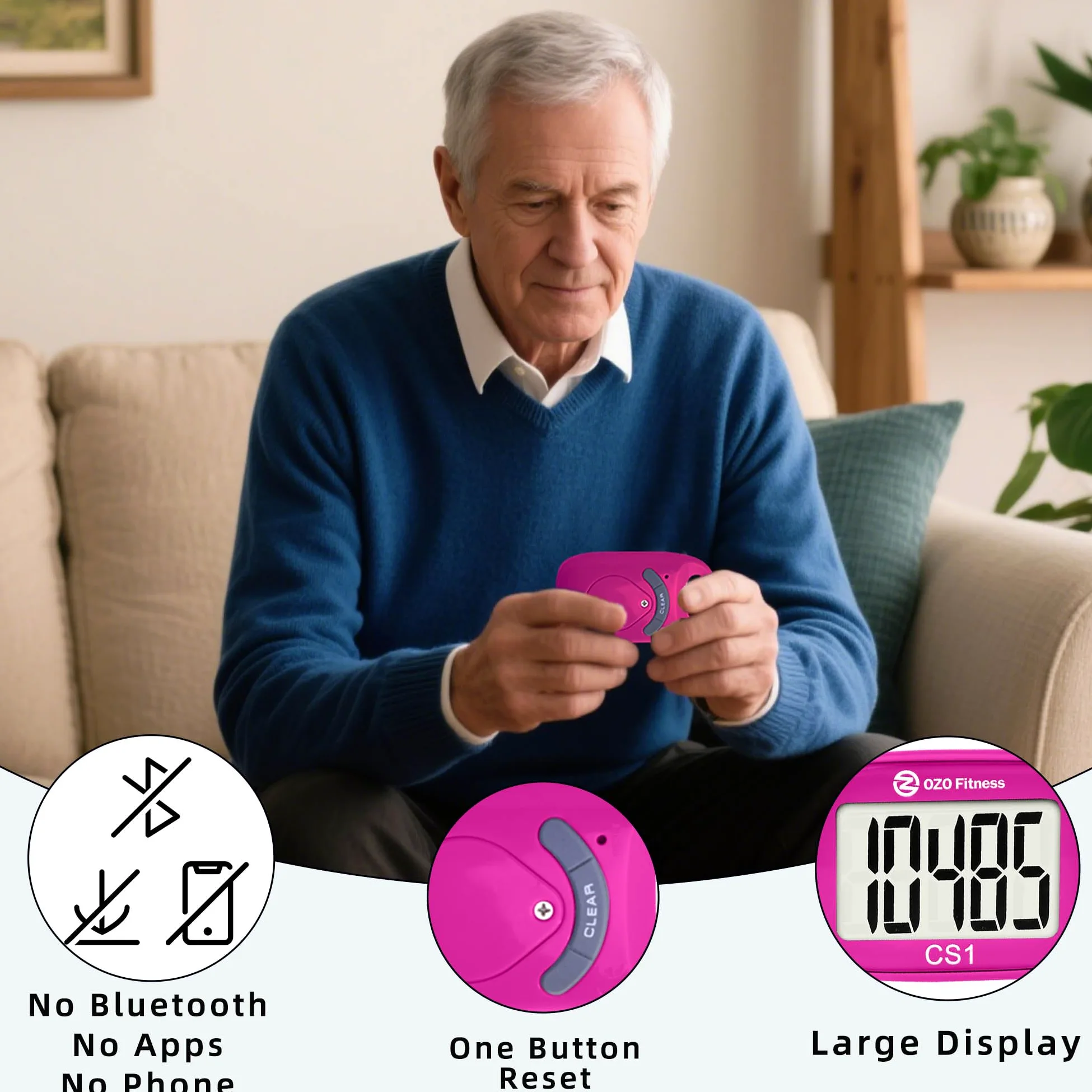 CS1 Easy Podómetro para caminar – Contador de pasos con pantalla grande, clip y cordón (rosa)