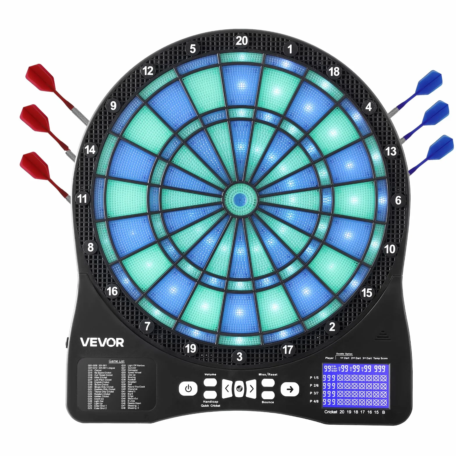 VEVOR Diana Electrónica 342,9 mm, con Iluminación LED, 48 Juegos, 500 Variantes, Incluye 6 Ejes de Dardos con Plumas y 50 Puntas de Repuesto, Pantalla LCD con Marcador de Críquet, a 8 Jugadores